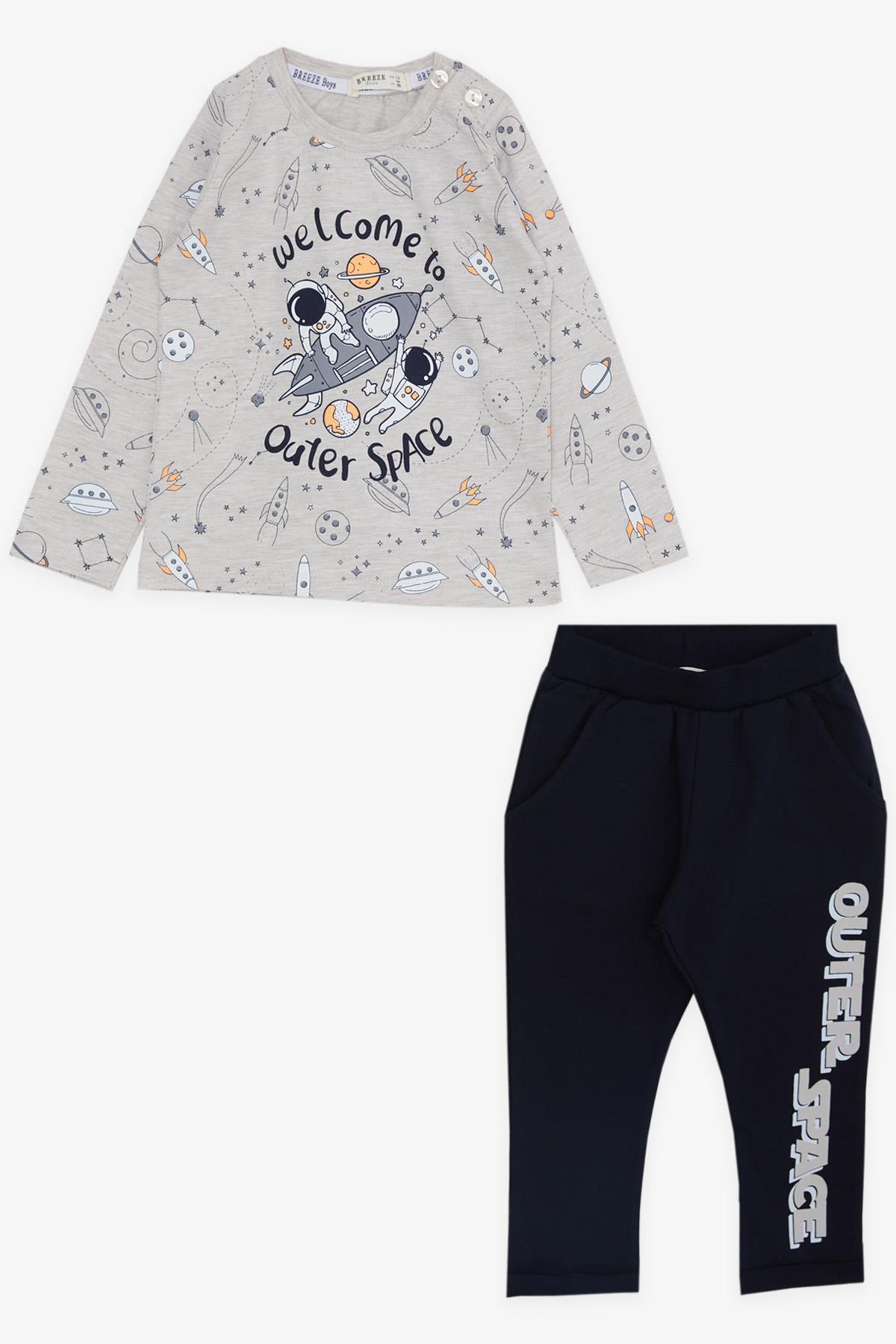 Breeze Erkek Bebek Eşofman Takımı Uzay Temalı Bej Melanj (9 Ay-3 Yaş)