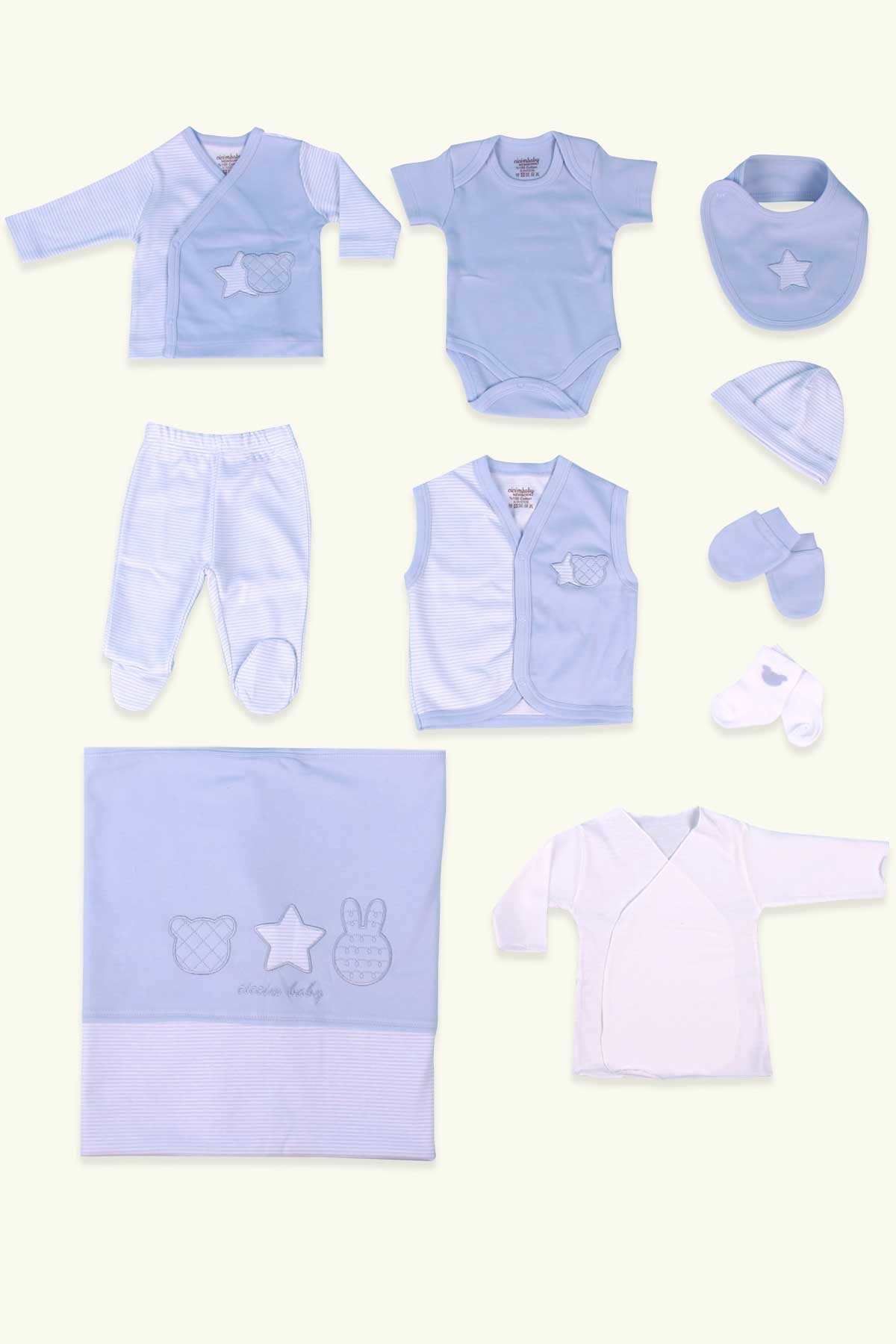 Breeze Erkek Bebek Hastane Çıkışı 10 lu Tavşan Nakışlı Bebe Mavisi (0-3 Ay)