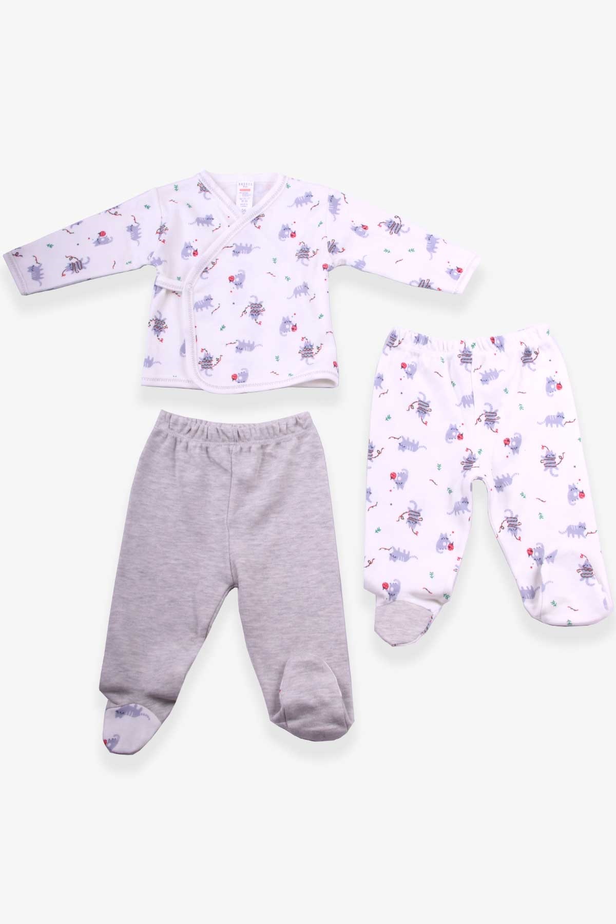 Breeze Erkek Bebek Hastane Çıkışı 3 lü Takım Kedicik Desenli Ekru (0-3 Ay-4 Ay)