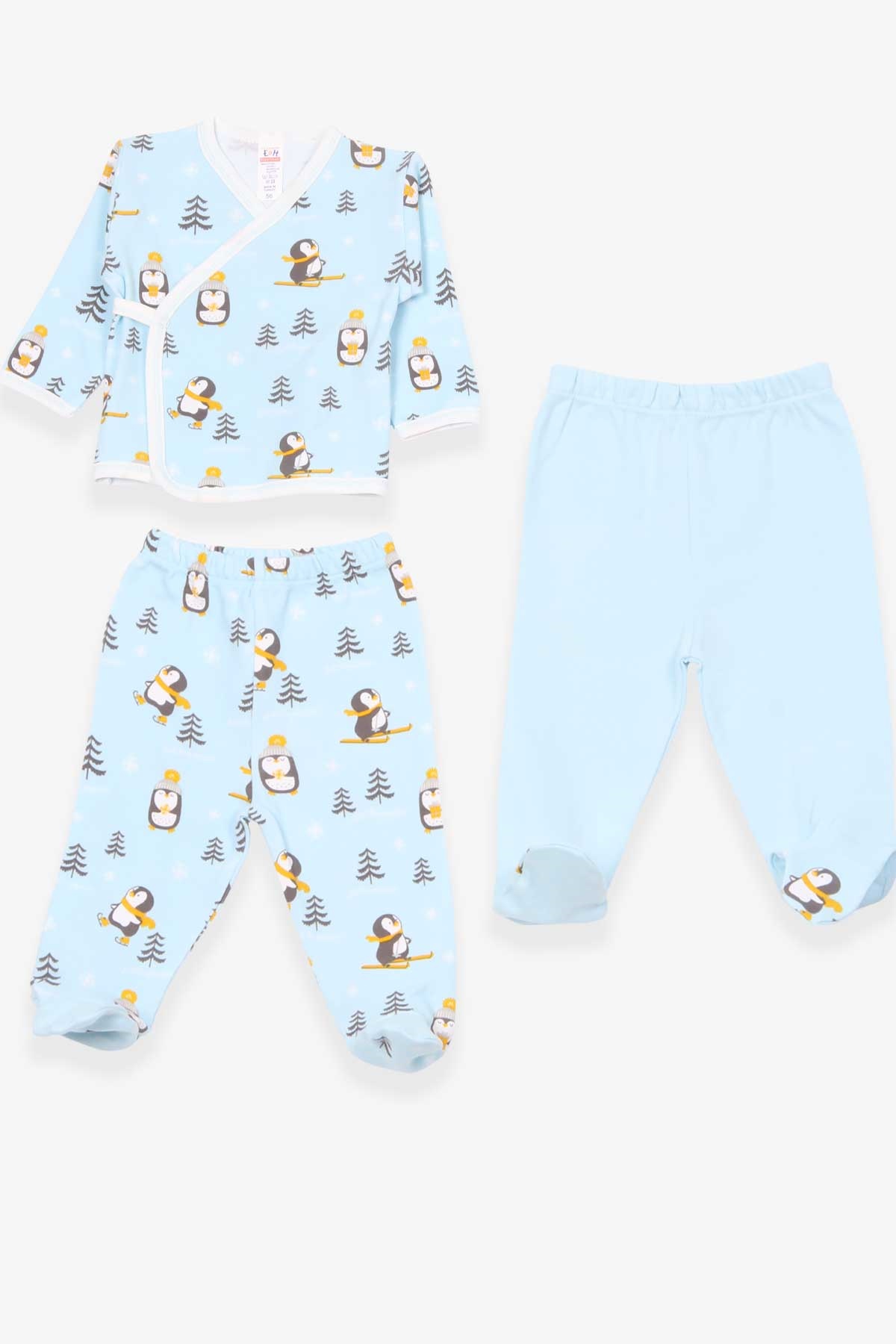 Breeze Erkek Bebek Hastane Çıkışı 3 lü Penguen Desenli Açık Mavi (0-3 Ay-4 Ay)