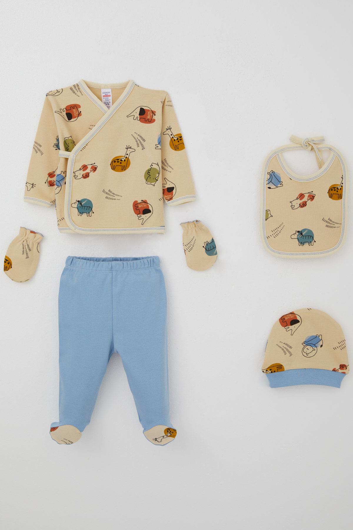 Breeze Erkek Bebek Hastane Çıkışı 5 li Sevimli Hayvancıklar Desenli Bej (0-3 Ay)