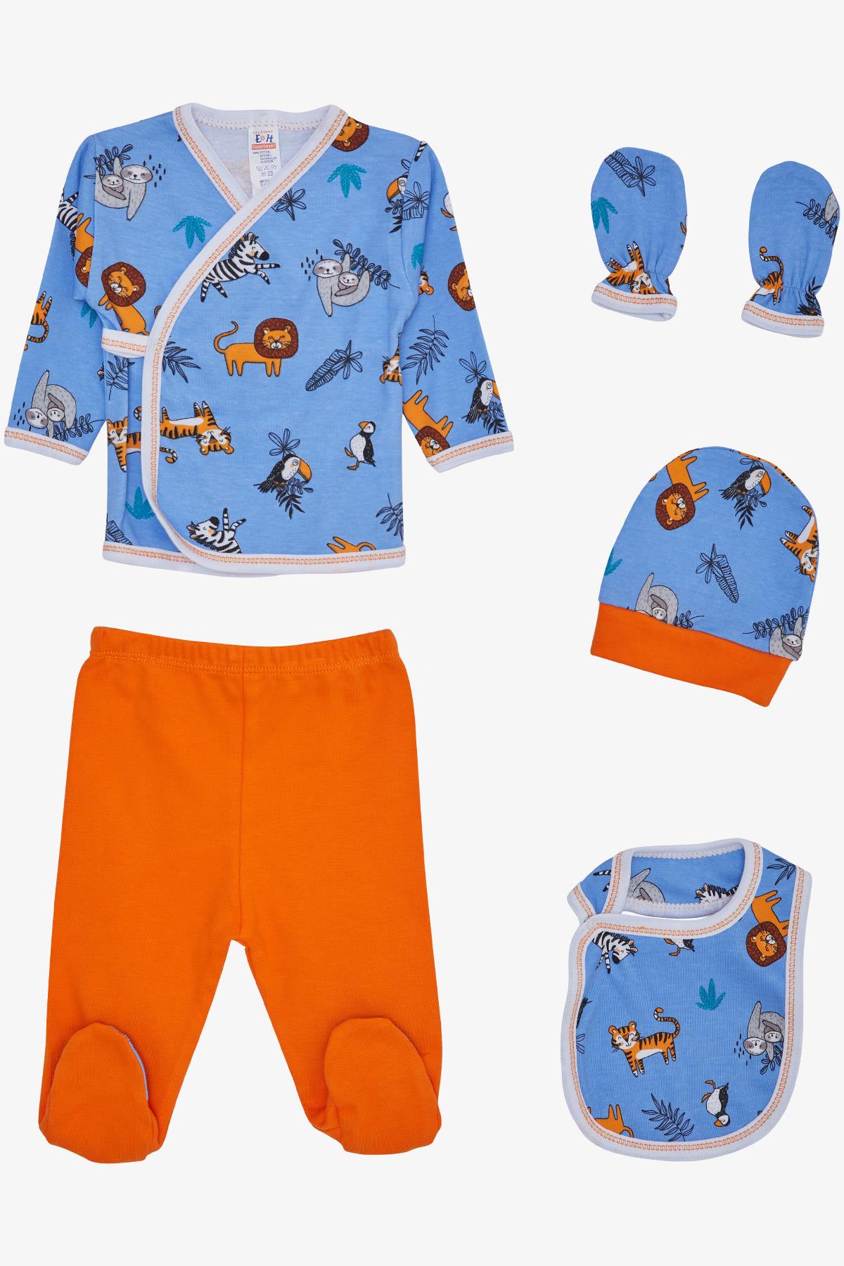 Breeze Erkek Bebek Hastane Çıkışı 5 li Orman Temalı Hayvancık Desenli Saks Mavisi (0-3 Ay)