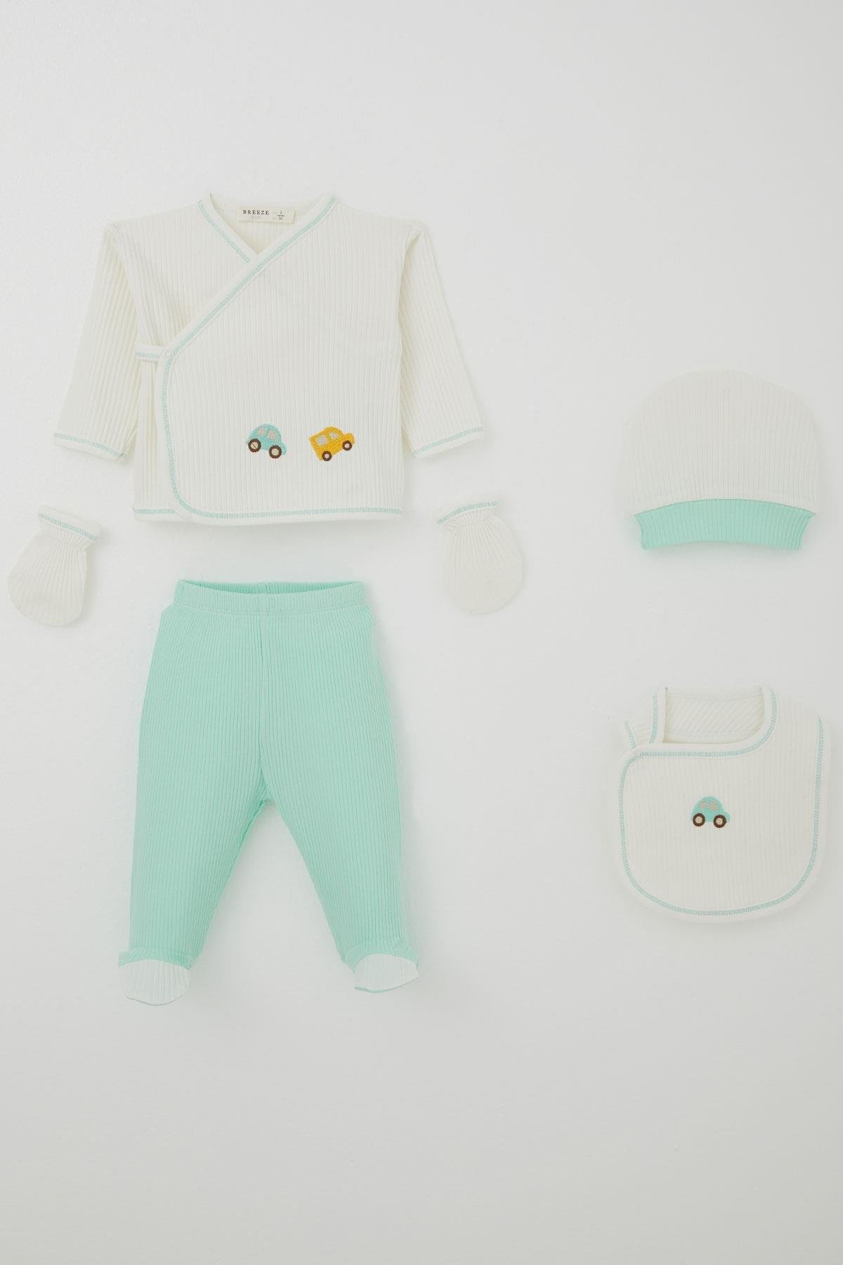 Breeze Erkek Bebek Hastane Çıkışı 5 li Renkli Araba Nakışlı Ekru (0-3 Ay)