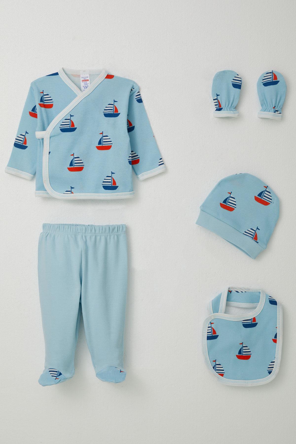 Breeze Erkek Bebek Hastane Çıkışı 5 li Yelken Desen Açık Mavi (0-3 Ay)