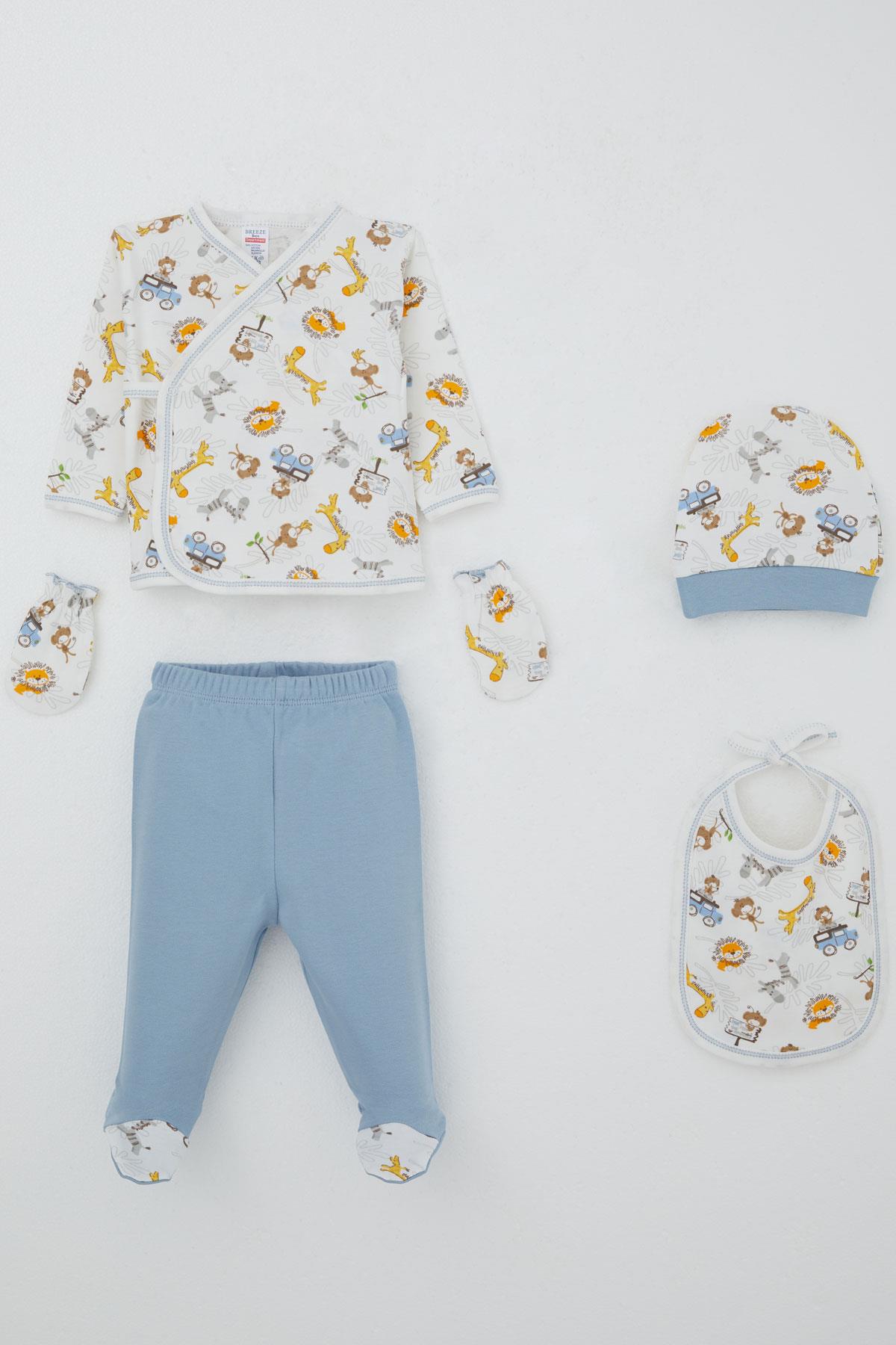 Breeze Erkek Bebek Hastane Çıkışı 5 li Safari Macerası Sevimli Hayvancıklar Desenli Beyaz (0-3 Ay)