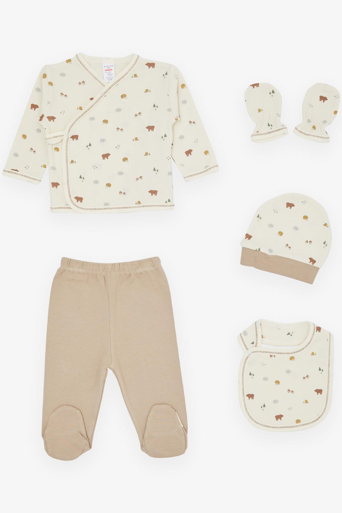 Breeze Erkek Bebek Hastane Çıkışı 5 li Orman Temalı Hayvancık Baskılı Krem (0-3 Ay-)