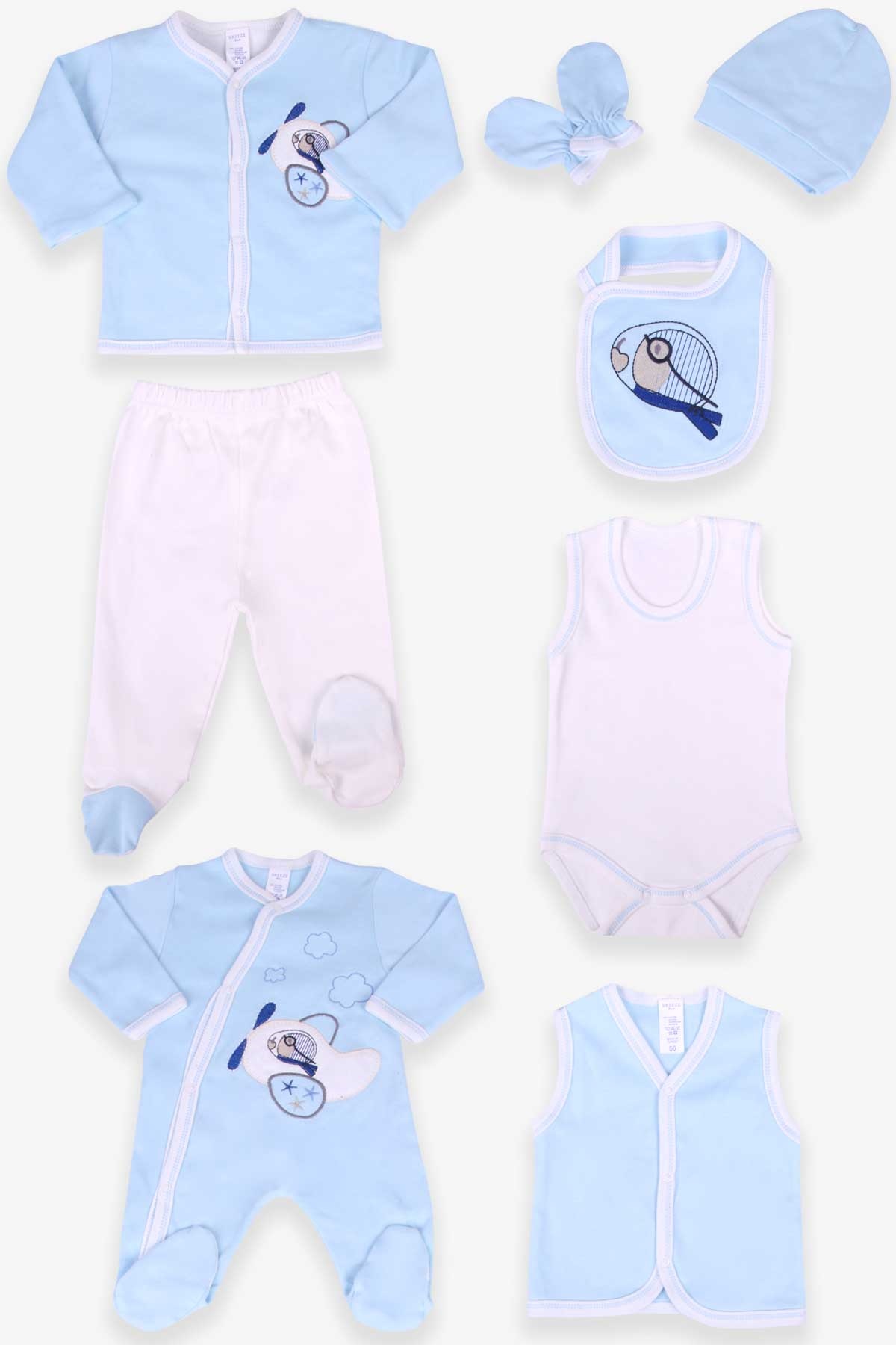 Breeze Erkek Bebek Hastane Çıkışı 8 li Pilot Nakışlı Bebe Mavisi (0-3 Ay)