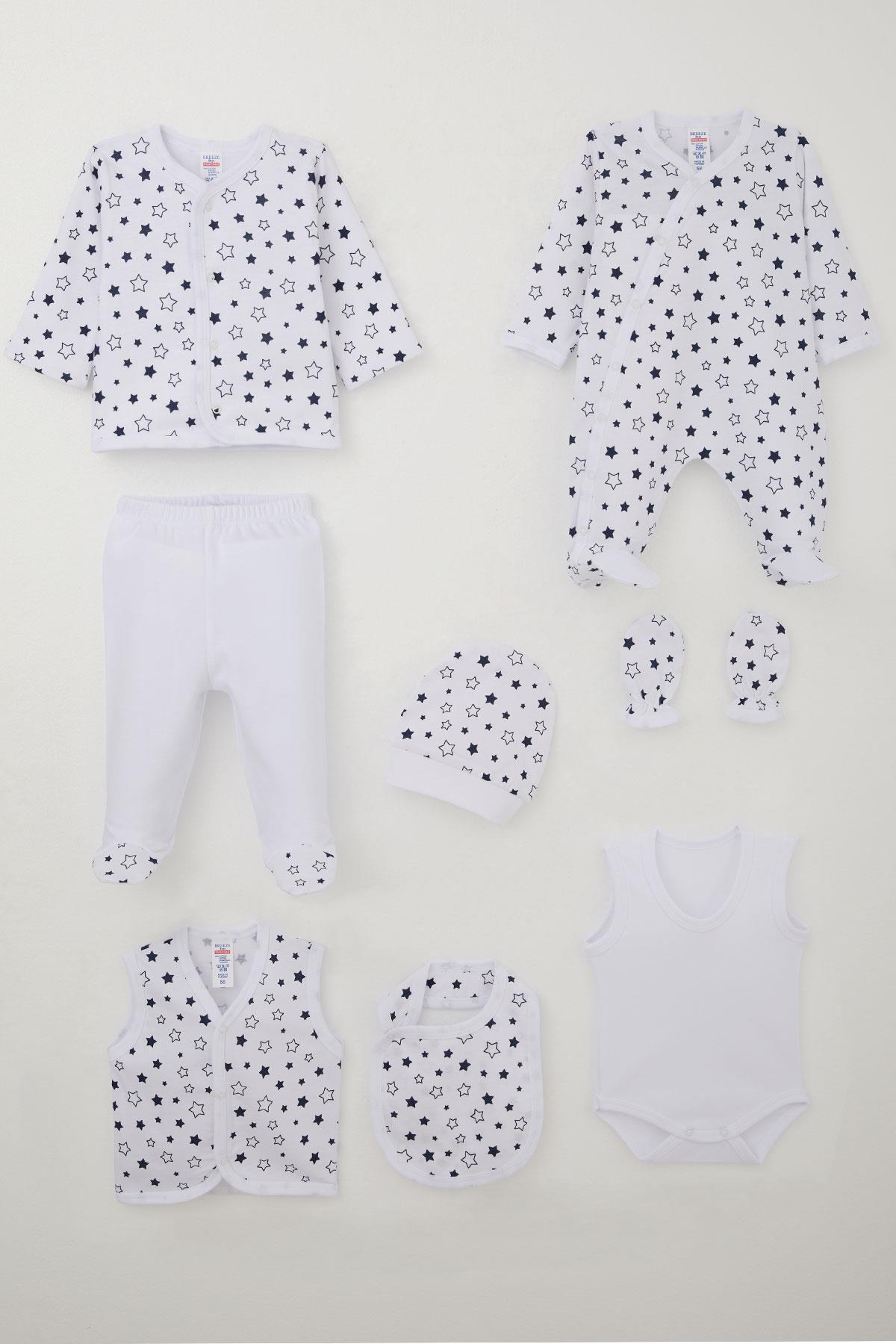 Breeze Erkek Bebek Hastane Çıkışı 8 li Yıldız Desenli Beyaz (0-3 Ay)
