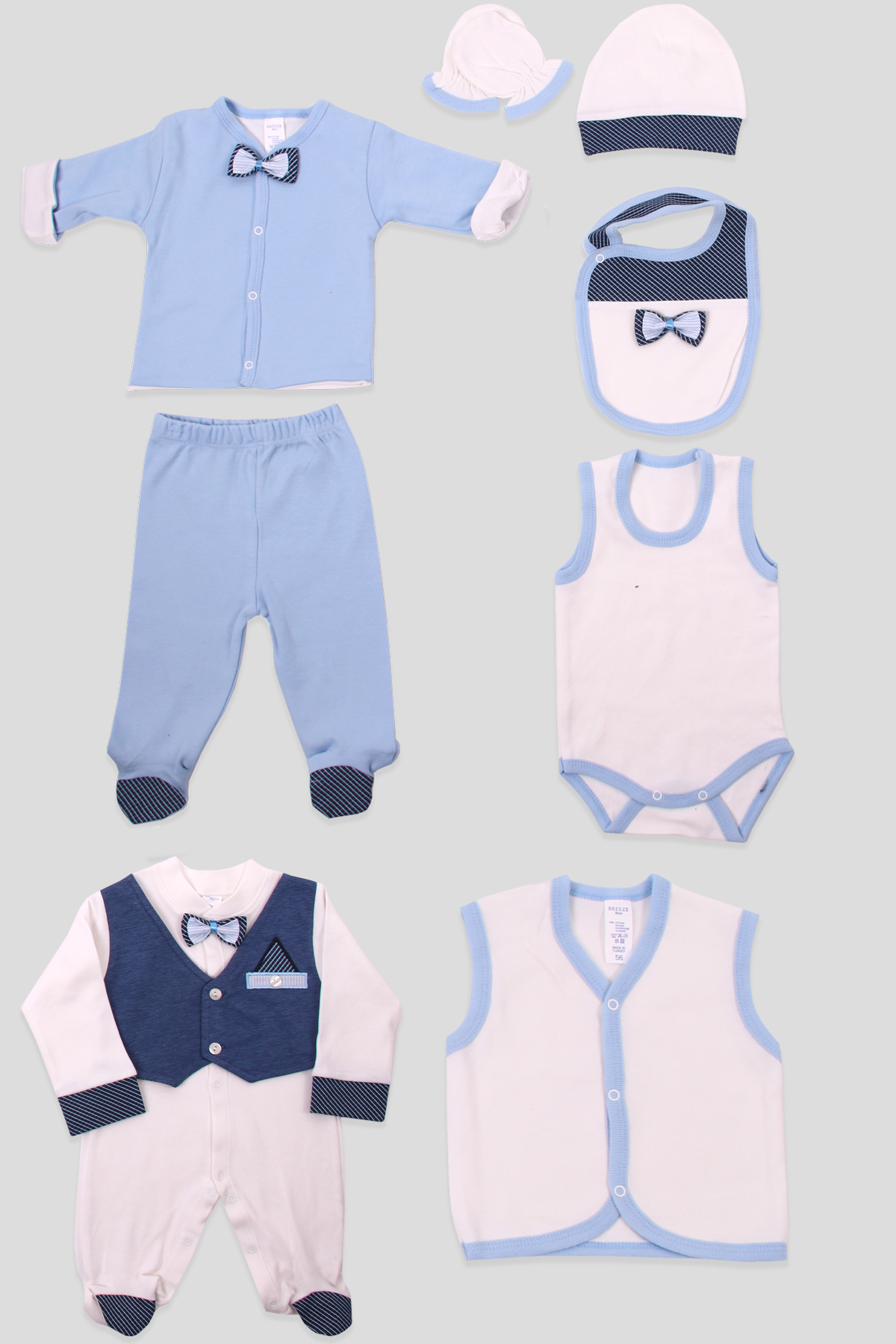 Breeze Erkek Bebek Hastane Çıkışı Yelekli 8 li Takım Mavi (3-9 Ay )
