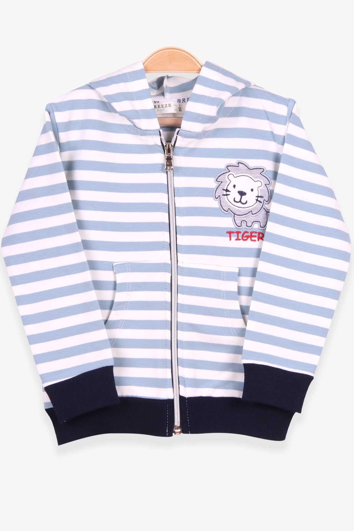 Breeze Erkek Bebek Hırka Çizgili Aslan Nakışlı Açık Mavi (9 Ay-3 Yaş)