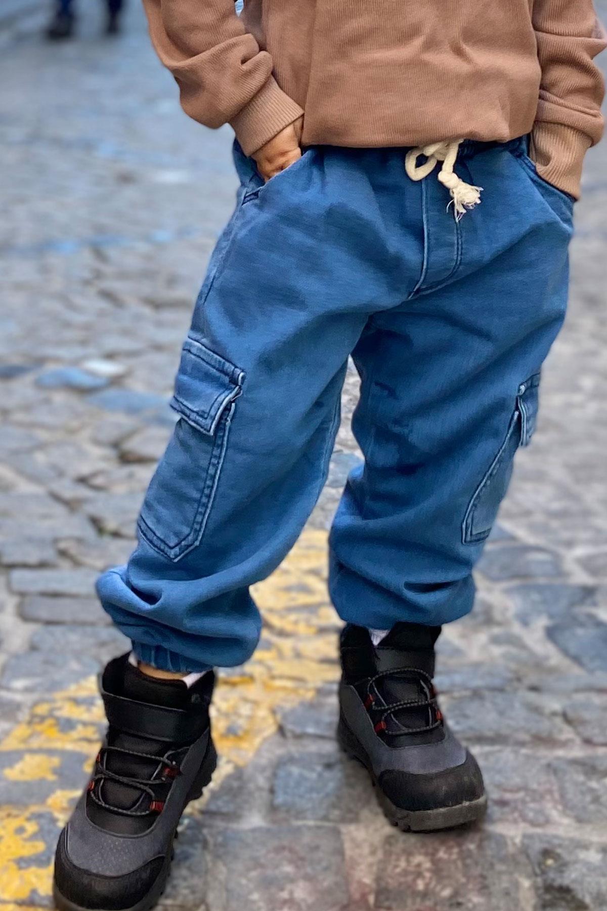 Erkek Bebek Jean Pantolon Beli Paçası Lastikli Kargo Cepli Açık Mavi 1-2  Yaş - Şık Çocuk Pantolonları | Breeze