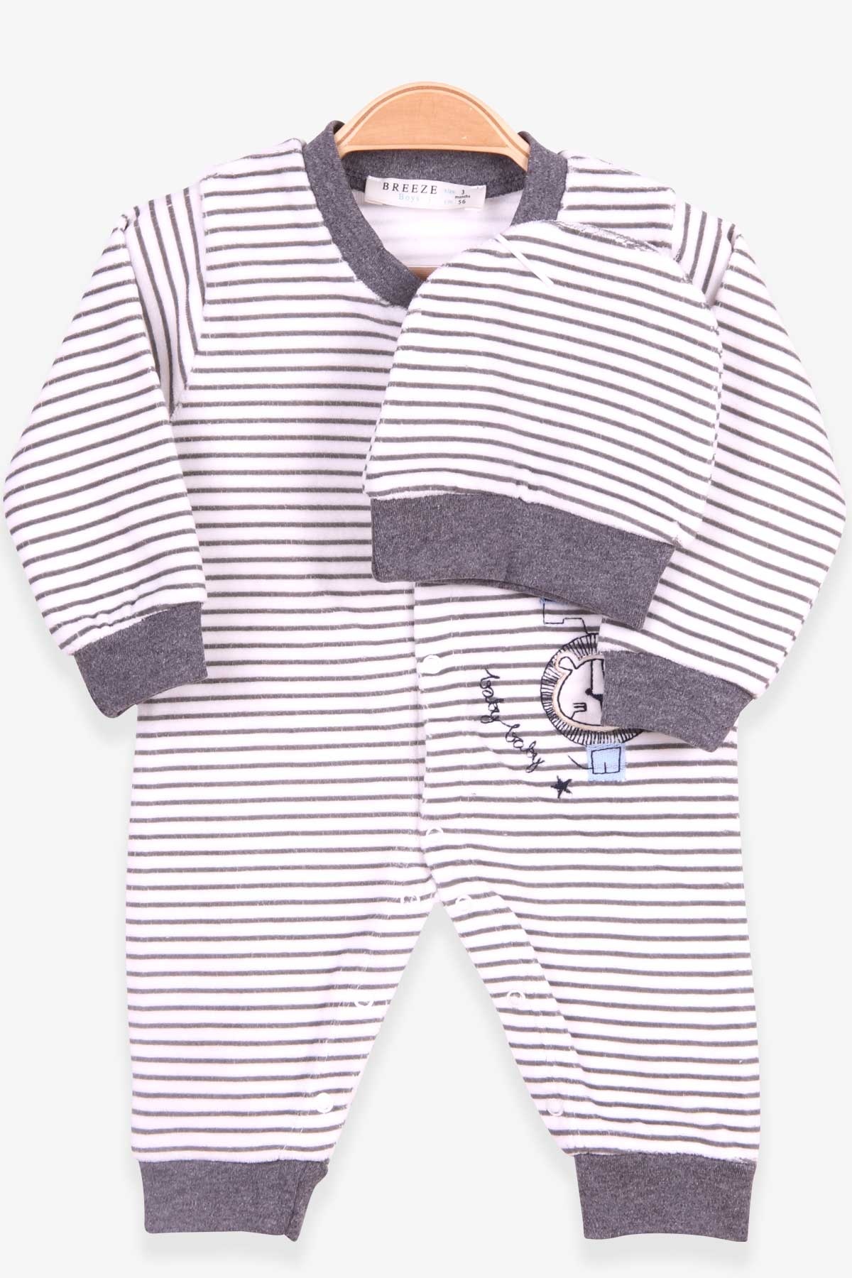 Breeze Erkek Bebek Kadife Tulum Çizgi Desenli Ekru (0-3 Ay-6 Ay)