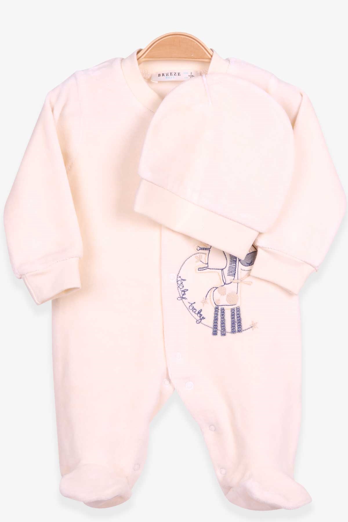 Breeze Erkek Bebek Kadife Tulum Zürafa Nakışlı Krem (0-3 Ay-6 Ay)