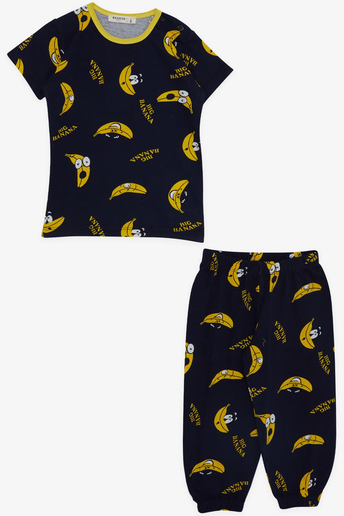 Breeze Erkek Bebek Kısa Kollu Pijama Takımı Sevimli Muz Desenli Lacivert (9 Ay-3 Yaş)