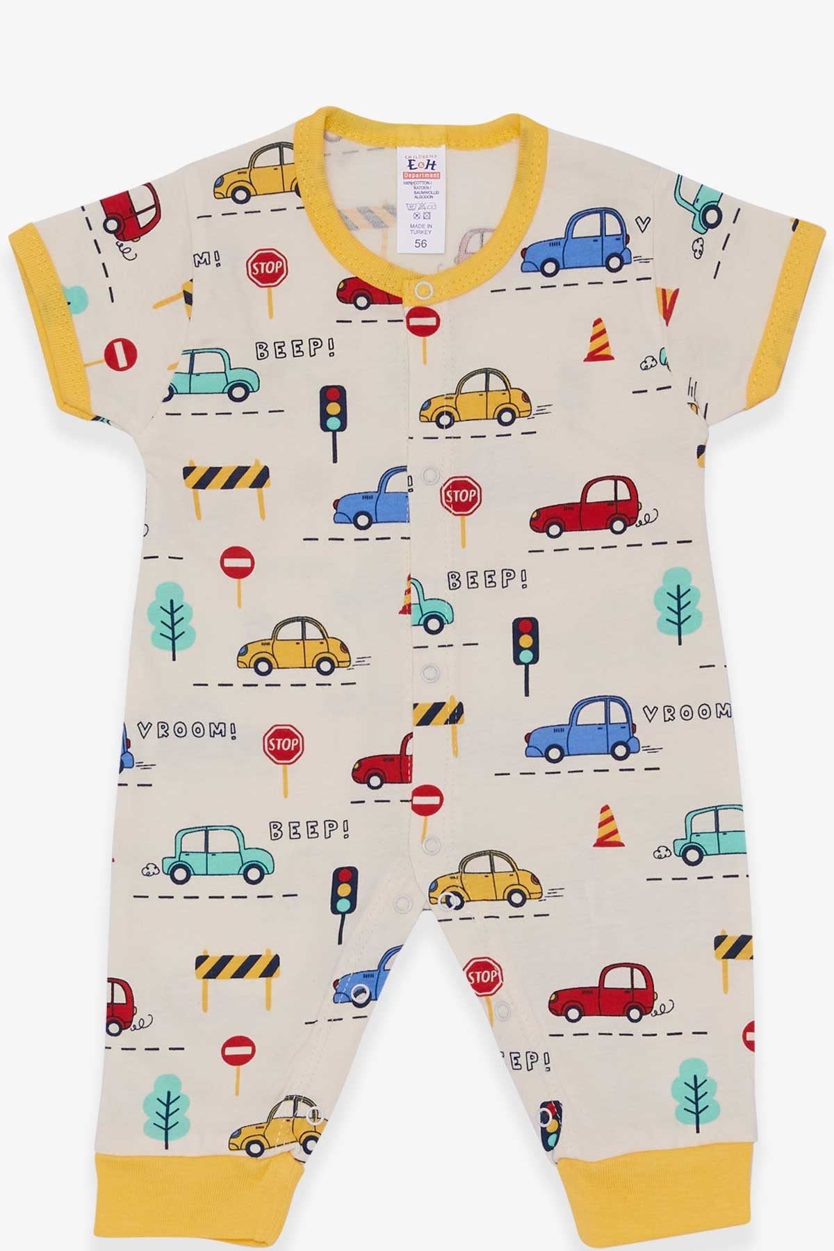 Breeze Erkek Bebek Kısa Kollu Tulum Araba Desenli Krem (0-3 Ay-6 Ay)