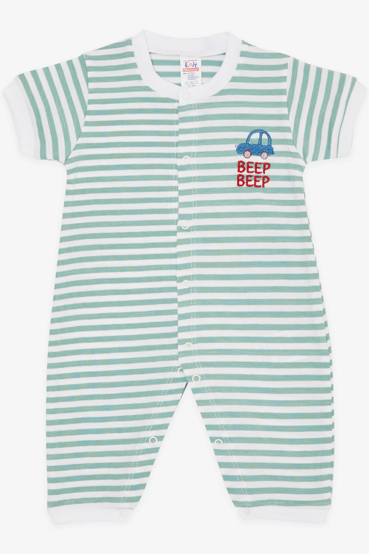 Breeze Erkek Bebek Kısa Kollu Tulum Çizgili Araba Yazı Nakış Baskılı Su Yeşili (0-6 Ay)