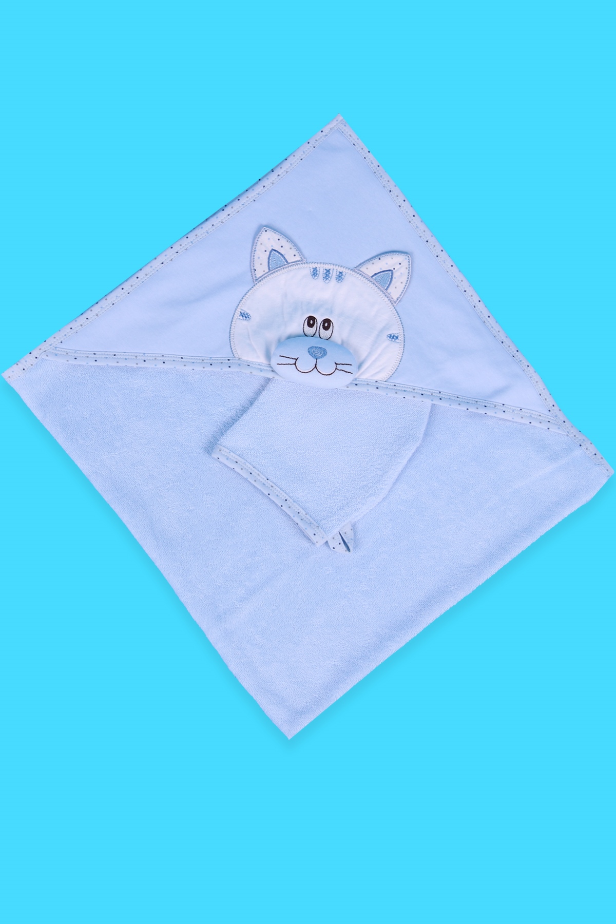 Breeze Erkek Bebek Kurulama Banyo Havlusu Kedili Mavi