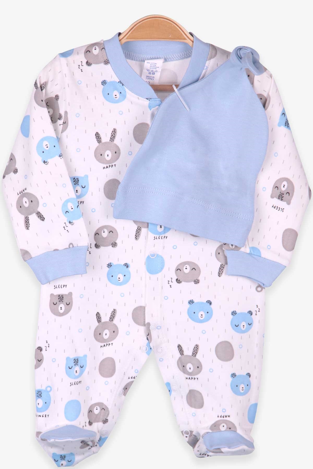 Breeze Erkek Bebek Patikli Tulum Ayıcıklı Şapkalı Set Mavi (0-3 Ay-4 Ay)