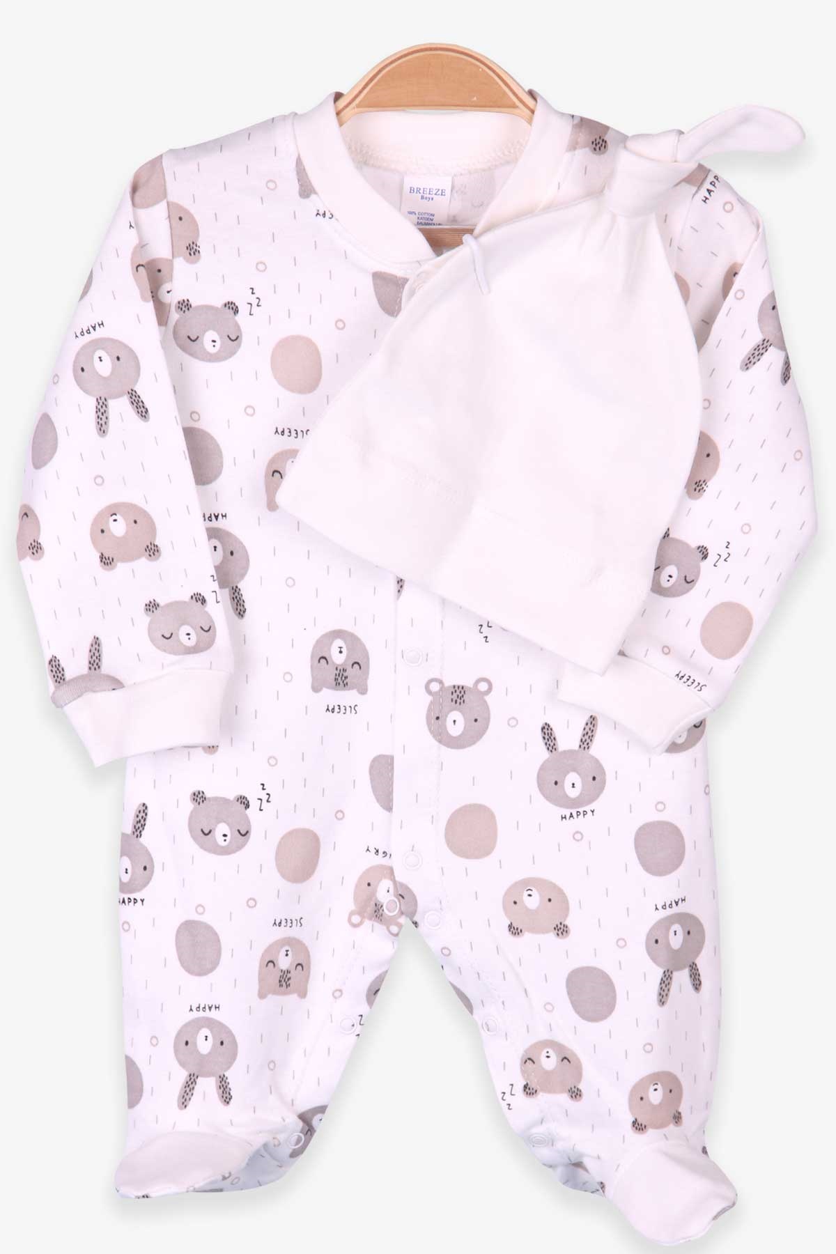 Breeze Erkek Bebek Patikli Tulum Ayıcıklı Şapkalı Set Ekru (0-3 Ay-4 Ay)