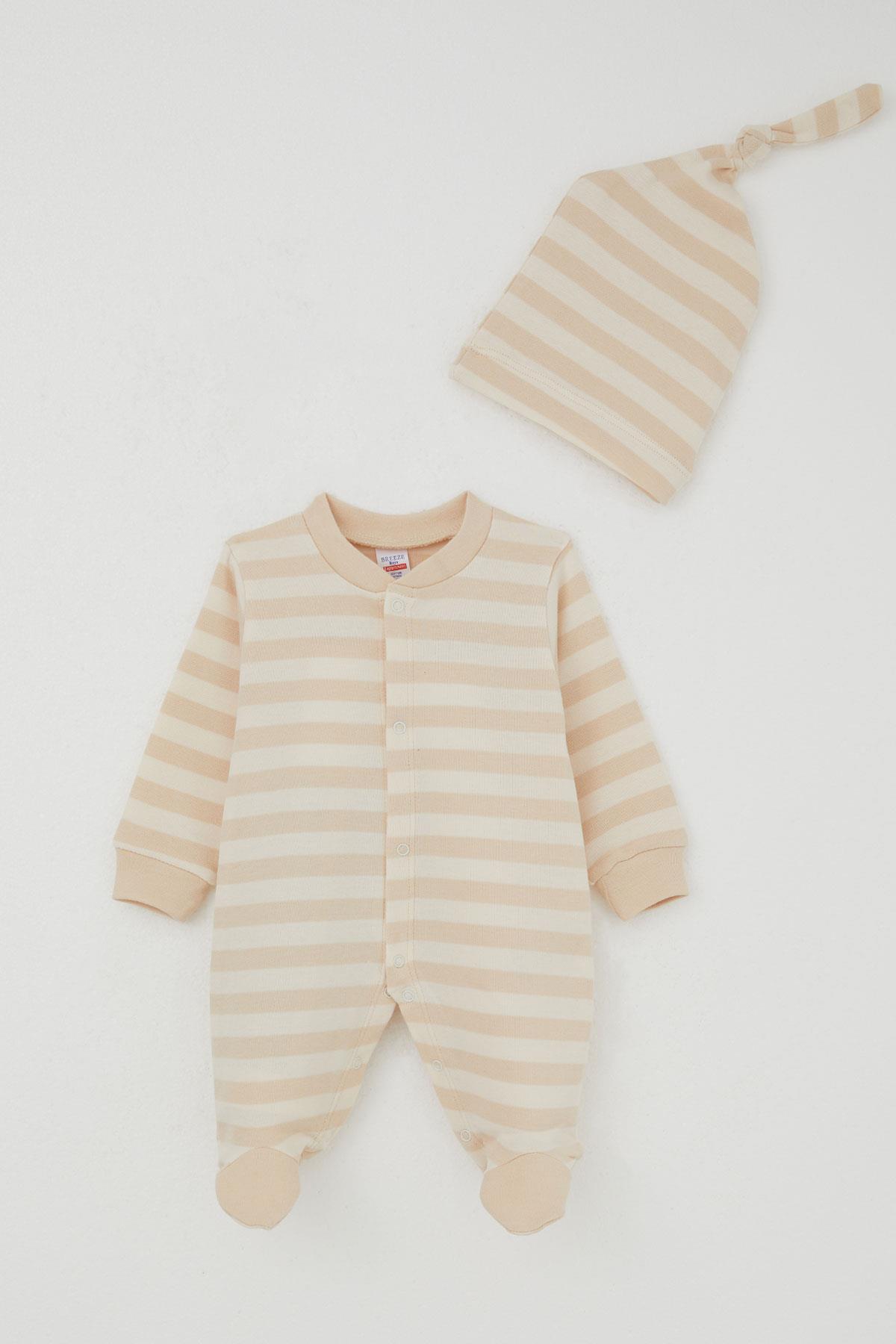Breeze Erkek Bebek Patikli Tulum Çizgili Krem (0-6 Ay)
