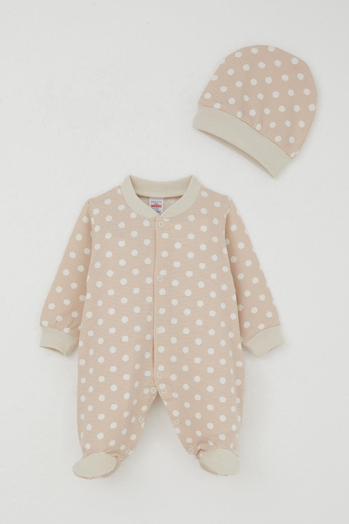 Breeze Erkek Bebek Patikli Tulum Çizgili Puantiye Desenli Bej (0-6 Ay)