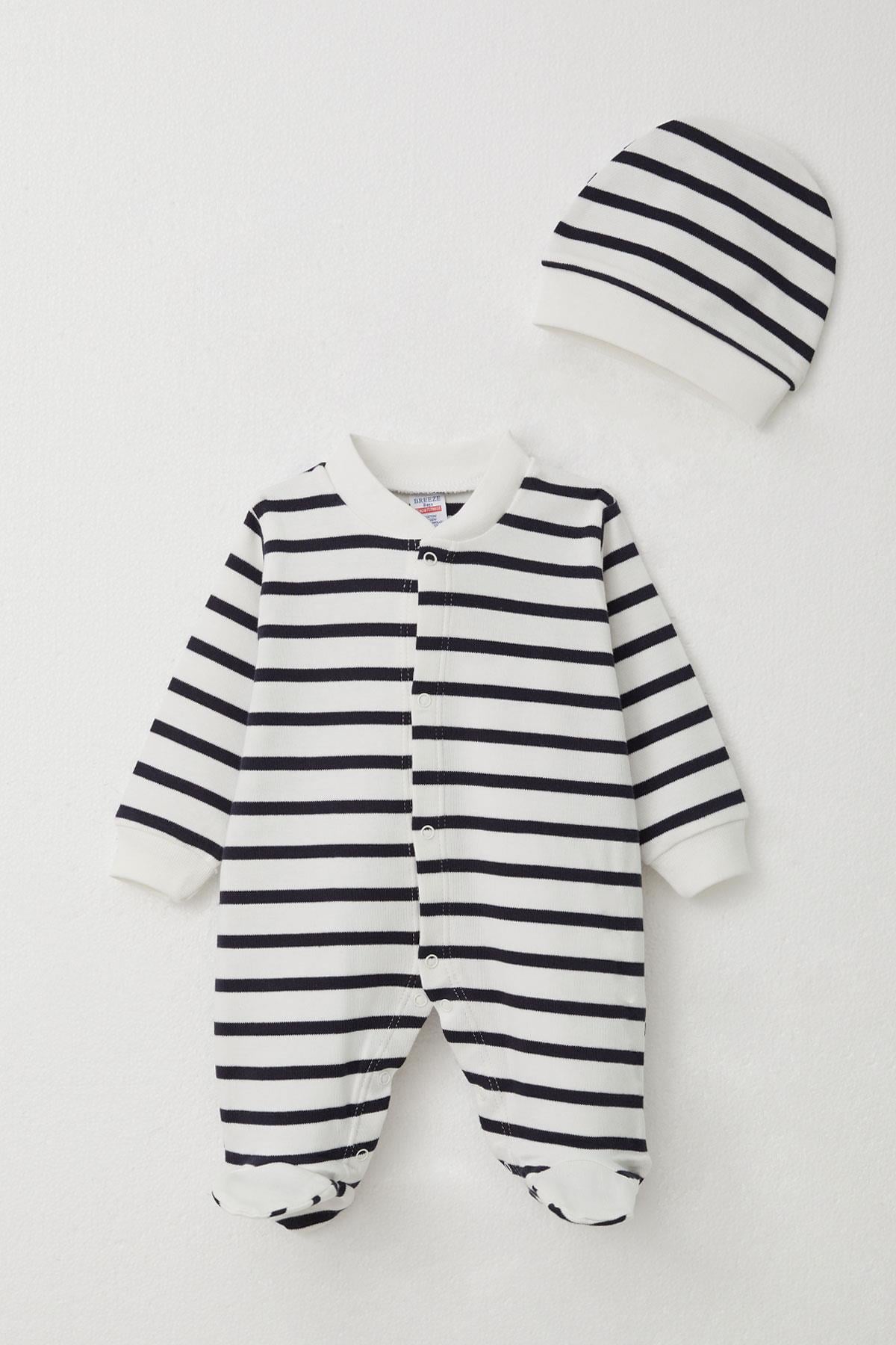 Breeze Erkek Bebek Patikli Tulum Çizgili Beyaz (0-6 Ay)