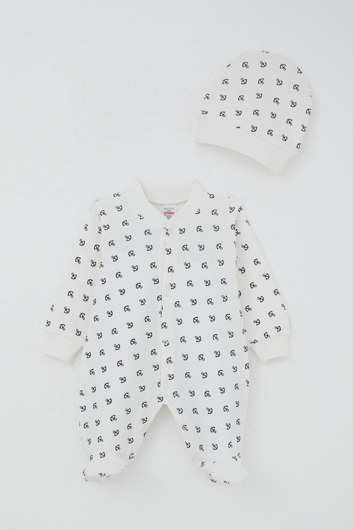 Breeze Erkek Bebek Patikli Tulum Deniz Temalı Çapa Desenli Ekru (0-6 Ay)