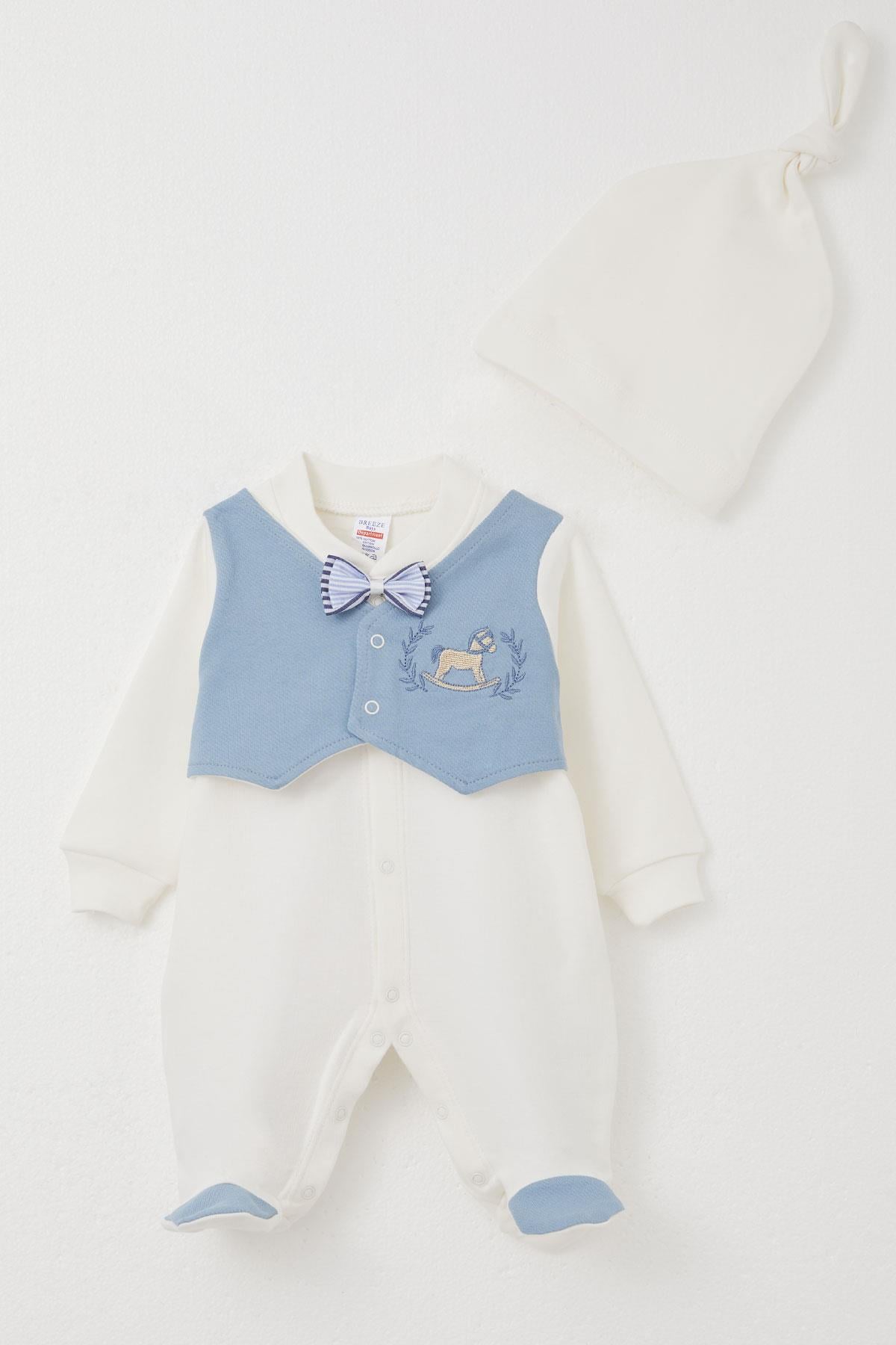 Breeze Erkek Bebek Patikli Tulum Sabit Papyonlu Yelekli Ekru (0-6 Ay)