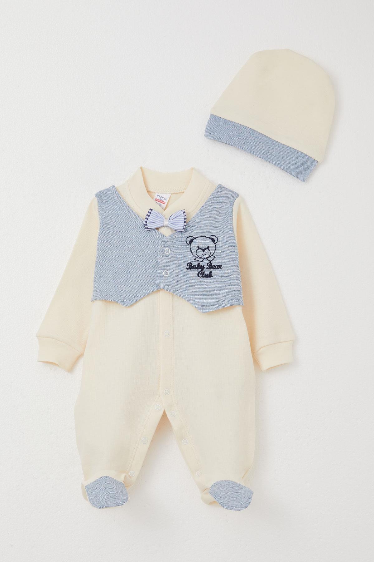 Breeze Erkek Bebek Patikli Tulum Sabit Papyonlu Yelekli Krem (0-6 Ay)