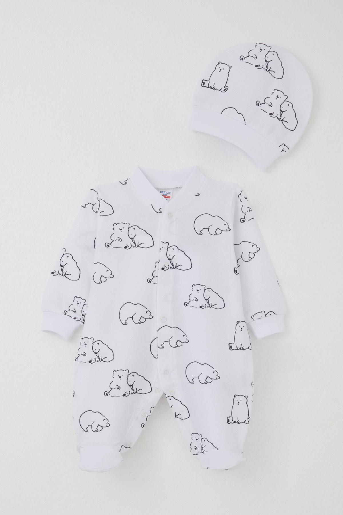 Breeze Erkek Bebek Patikli Tulum Sevimli Kutup Ayıcığı Desenli Beyaz (0-6 Ay)