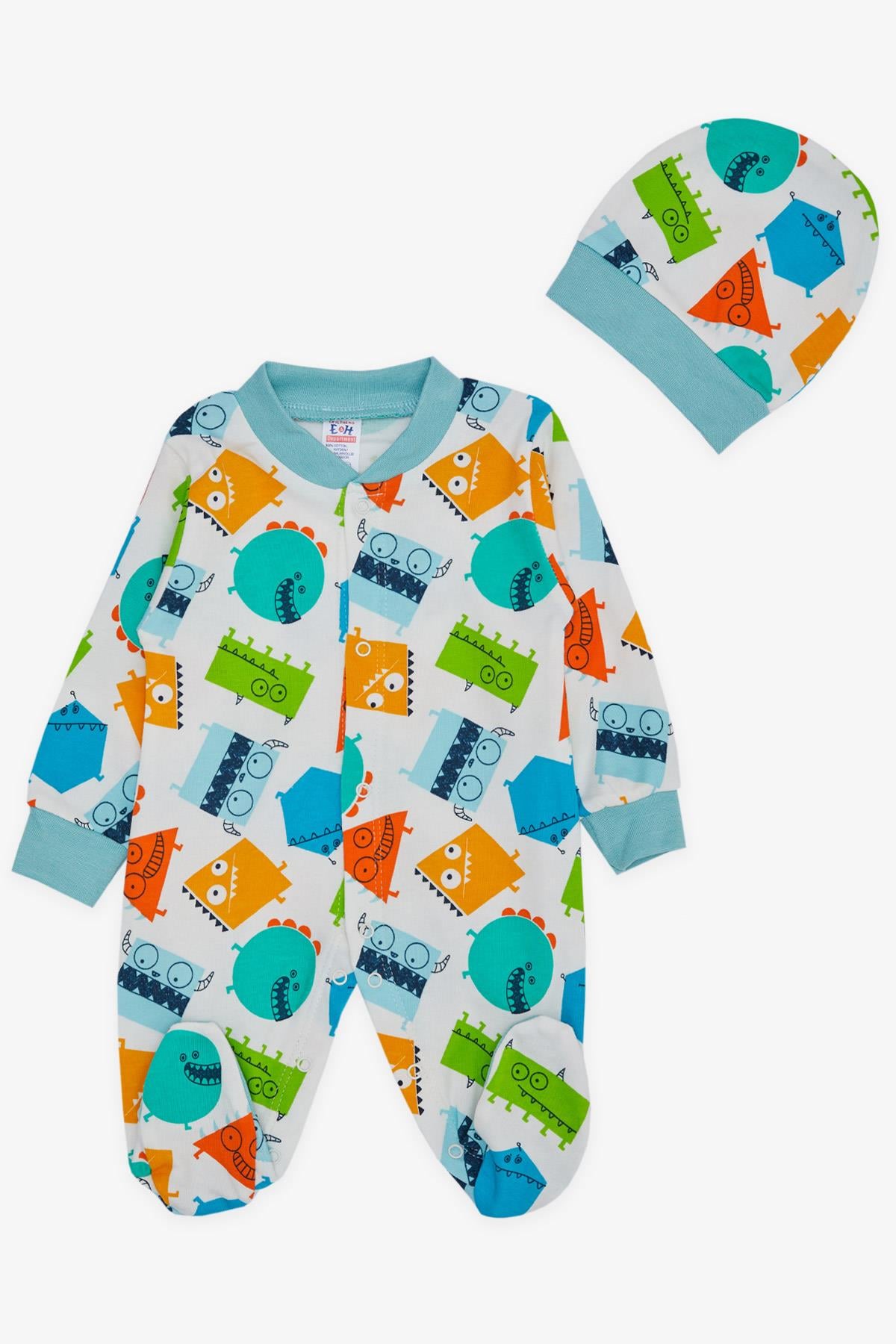 Breeze Erkek Bebek Patikli Tulum Sevimli Geometrik Şekiller Desenli Beyaz (0-6 Ay)