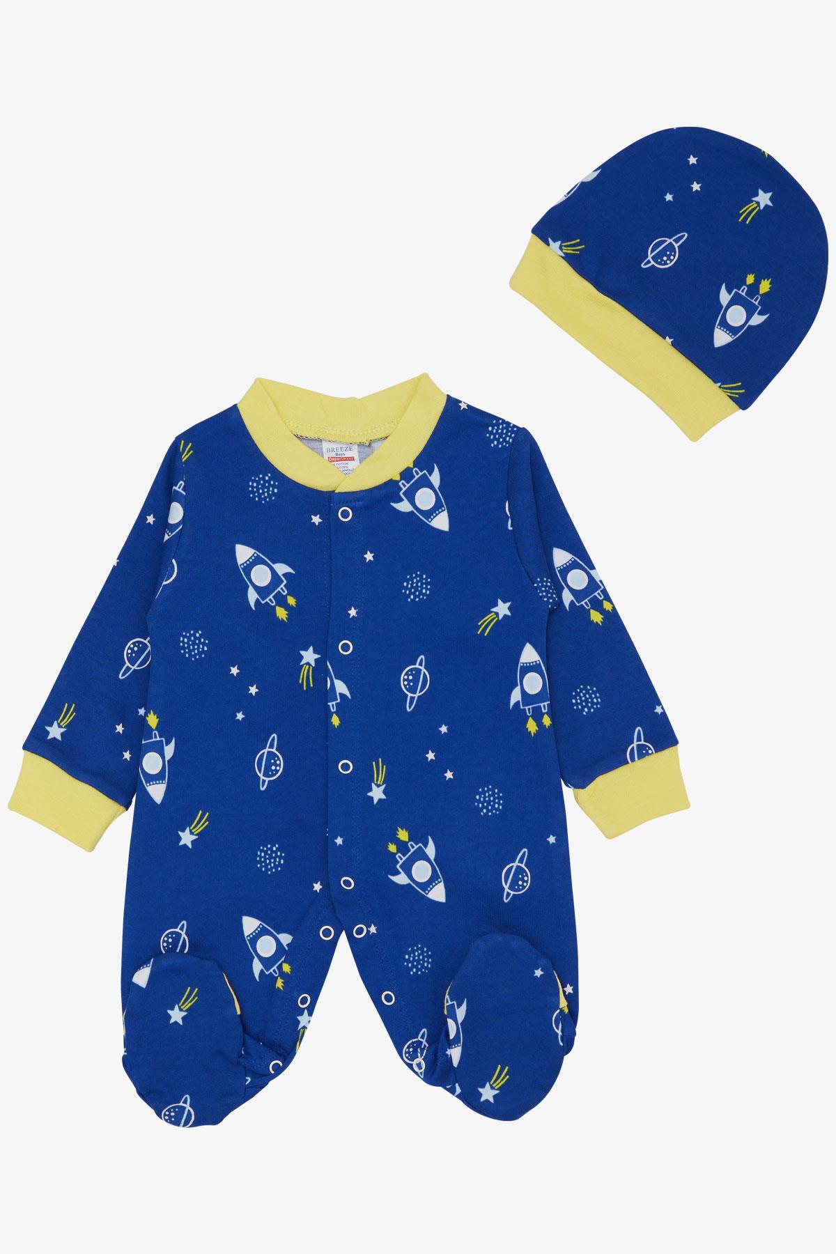 Breeze Erkek Bebek Patikli Tulum Uzay Temalı Yıldız Desenli Saks Mavisi (0-6 Ay)