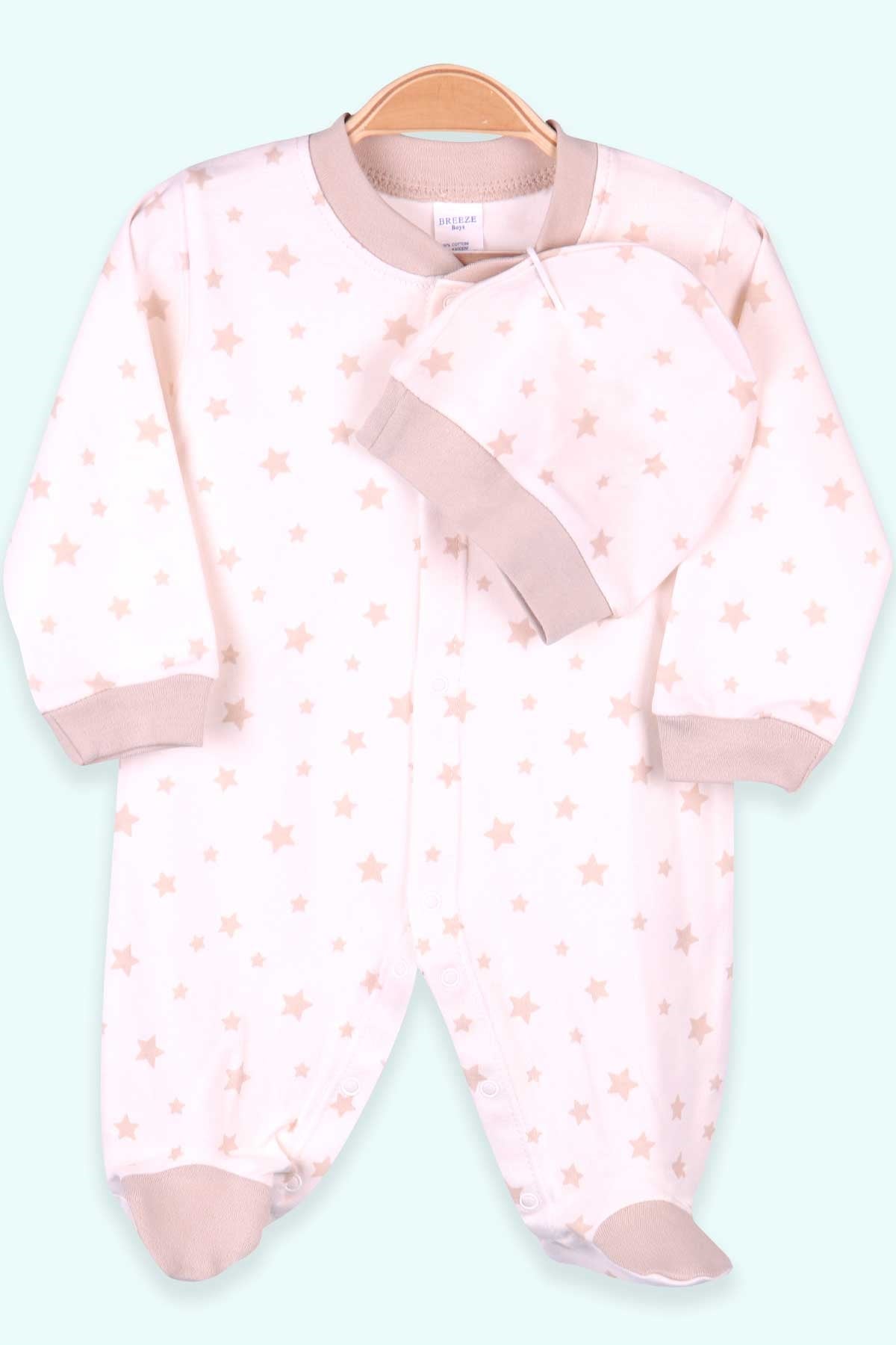 Breeze Erkek Bebek Patikli Tulum Yıldızlı Şapkalı Set Krem (0-3 Ay-4 Ay)