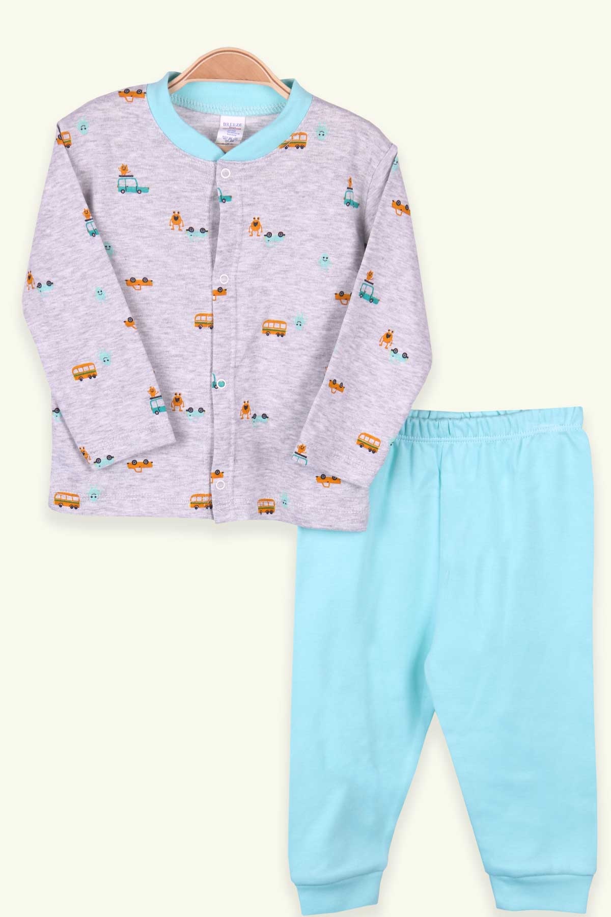 Breeze Erkek Bebek Pijama Takımı Arabalı Gri Melanj (0-3 Ay-9 Ay)