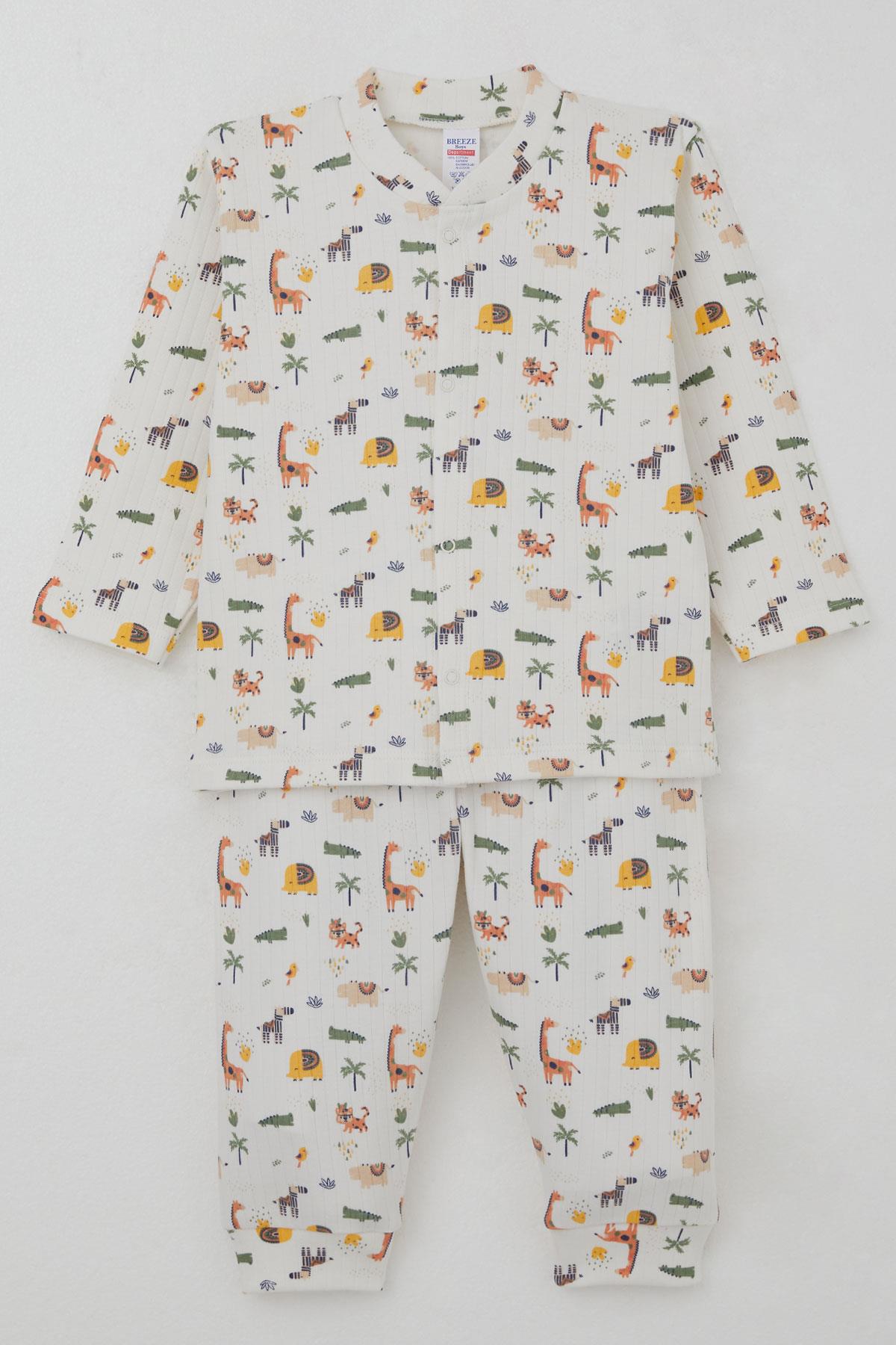 Breeze Erkek Bebek Pijama Takımı Bebek Hayvanat Bahçesi Ekru (4 Ay-1 Yaş)