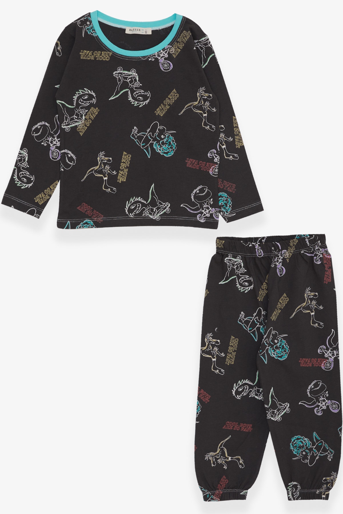 Breeze Erkek Bebek Pijama Takımı Bisikletli Dinozor Takımı Haki Yeşil (9 Ay-3 Yaş)