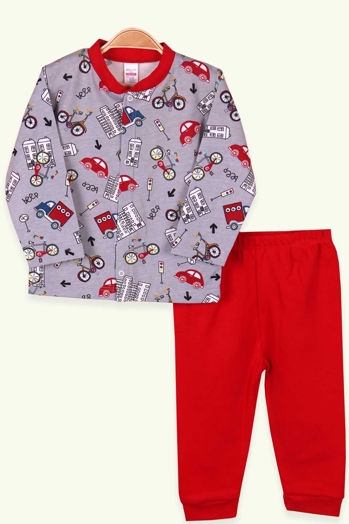 Breeze Erkek Bebek Pijama Takımı Bisikletli Arabalı Füme (0-3 Ay-9 Ay)