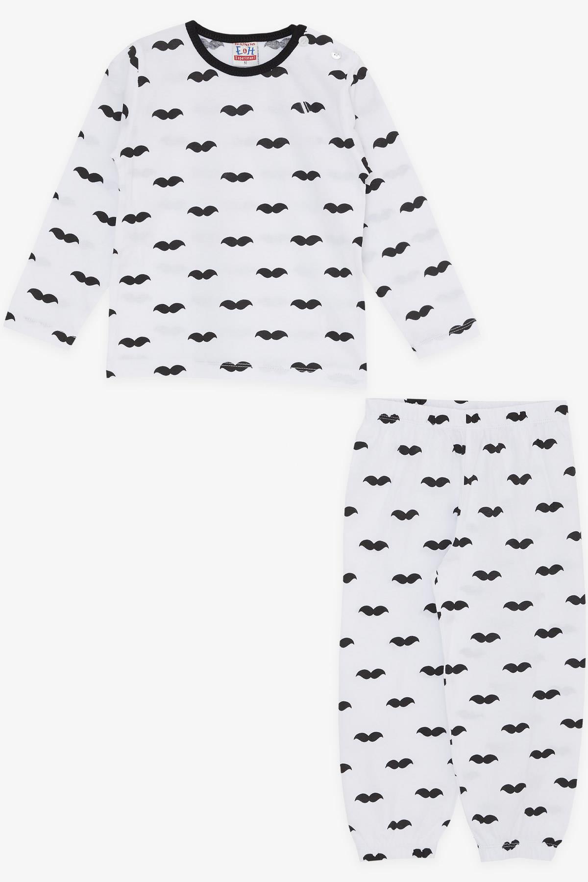 Breeze Erkek Bebek Pijama Takımı Bıyık Desenli Beyaz (9 Ay-3 Yaş)