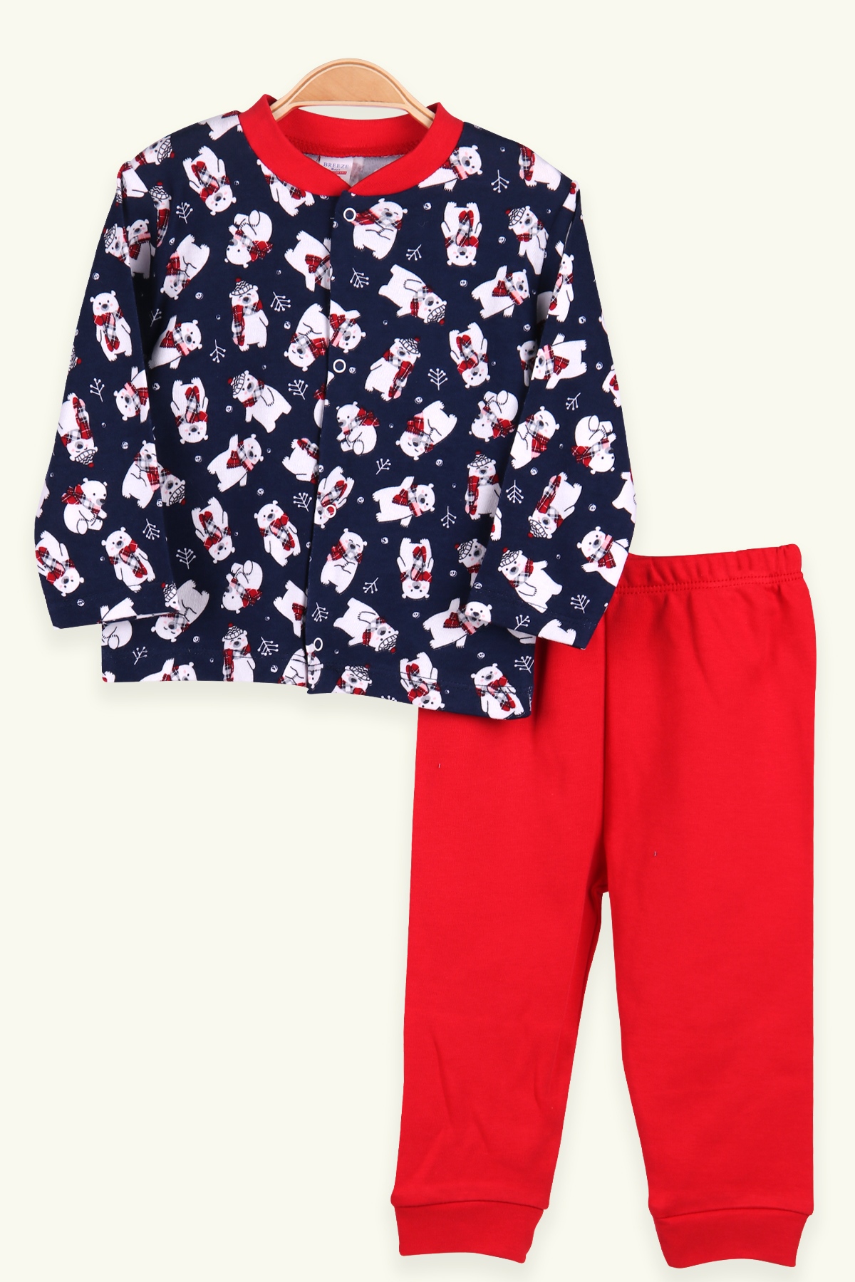 Breeze Erkek Bebek Pijama Takımı Çıtçıtlı Ayıcıklı Kırmızı (0-3 Ay-9 Ay)