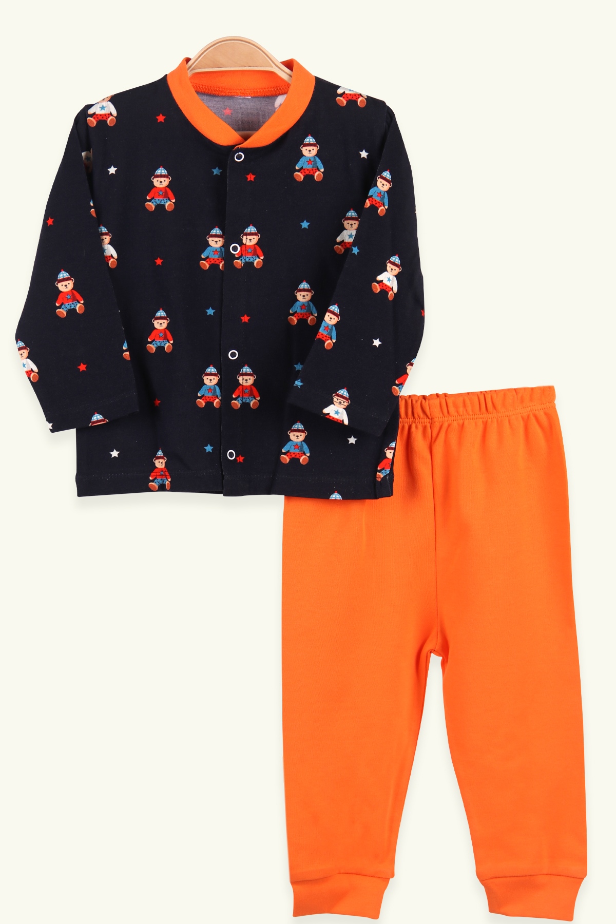 Breeze Erkek Bebek Pijama Takımı Çıtçıtlı Ayıcıklı Turuncu (0-3 Ay-9 Ay)