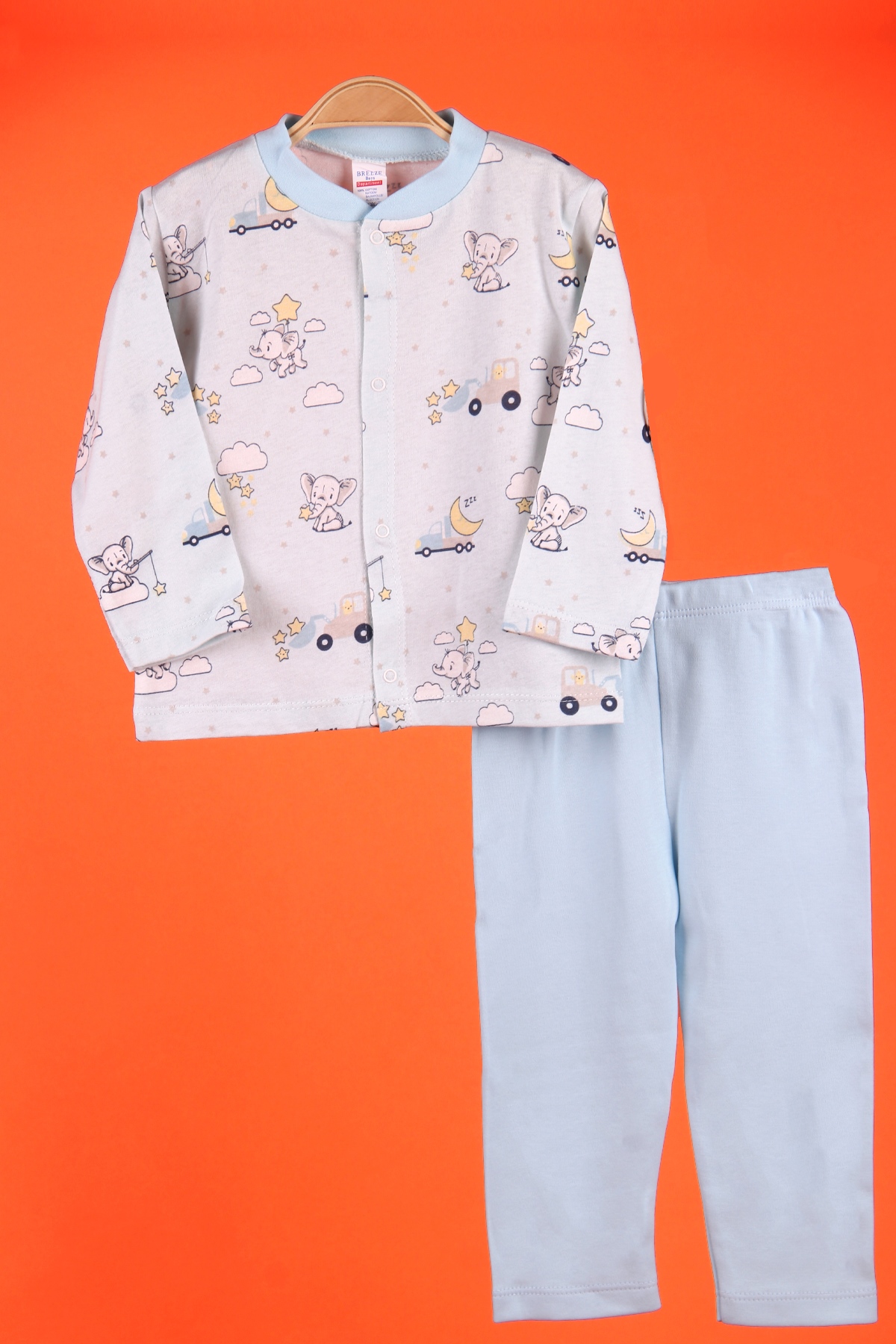 Breeze Erkek Bebek Pijama Takımı Çıtçıtlı Fil Desenli Mavi (0-3 Ay-9 Ay)