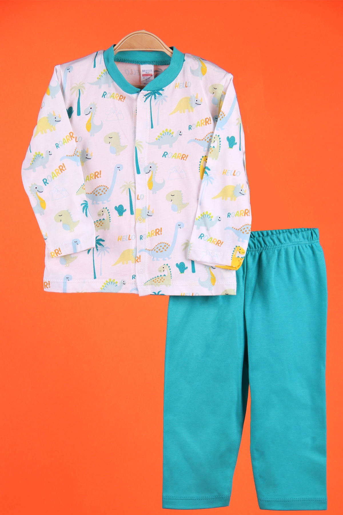 Breeze Erkek Bebek Pijama Takımı Çıtçıtlı Dinazor Desenli Yeşil (0-3 Ay-9 Ay)