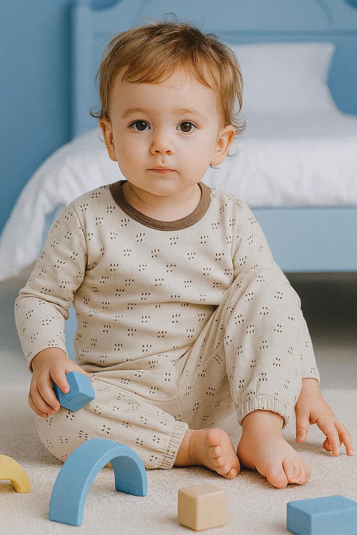 Breeze Erkek Bebek Pijama Takımı Desenli Beli Lastikli Bej (9 Ay-3 Yaş)