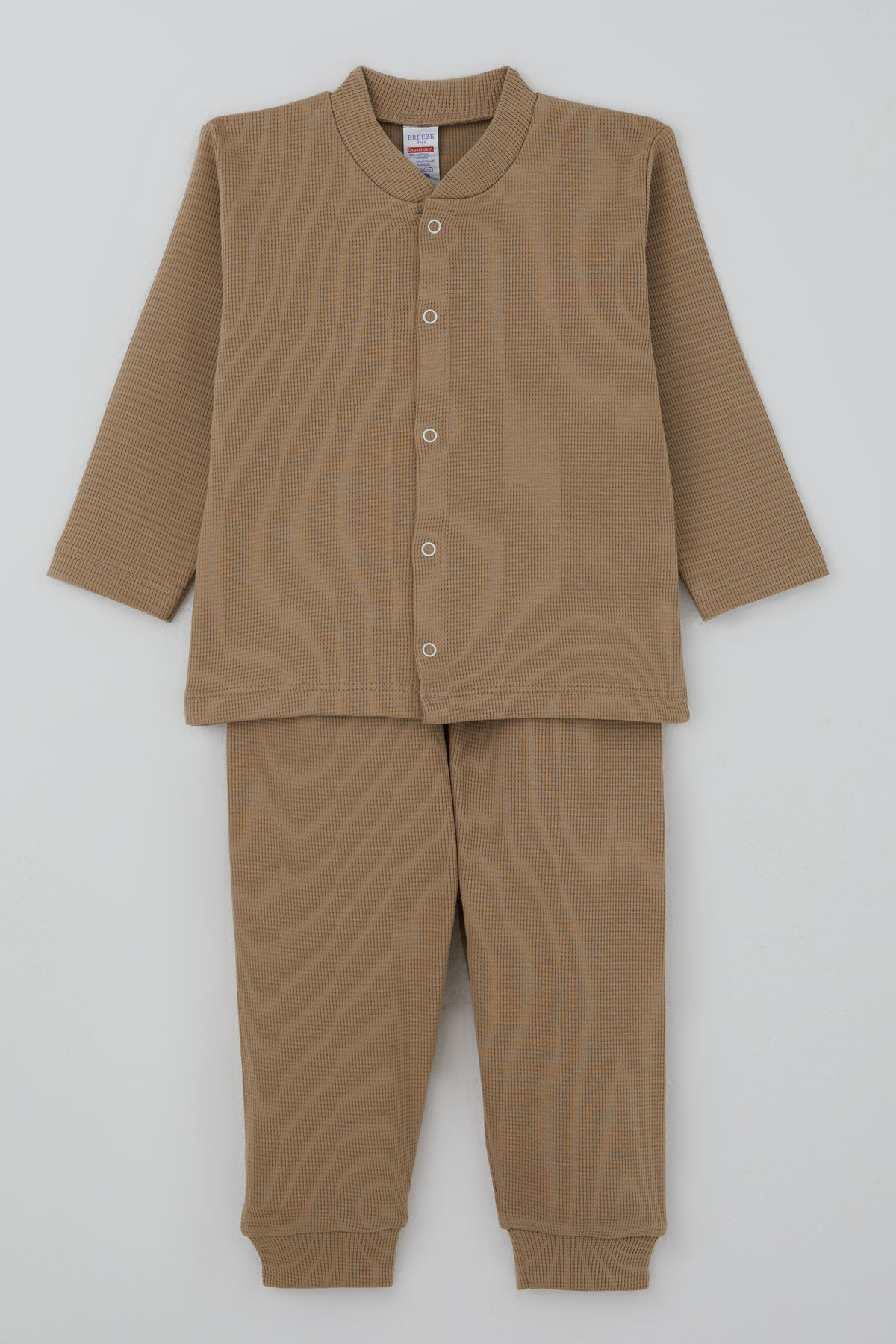 Breeze Erkek Bebek Pijama Takımı Dokulu Önden Çıtçıtlı Açık Kahverengi (4 Ay-1 Yaş)