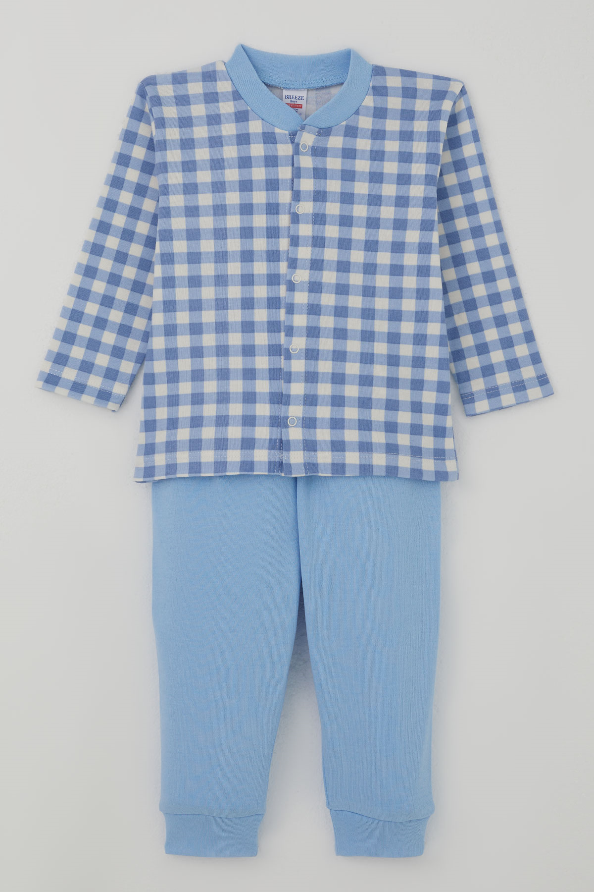 Breeze Erkek Bebek Pijama Takımı Ekose Desenli Önden Çıtçıtlı Mavi (4 Ay-1 Yaş)