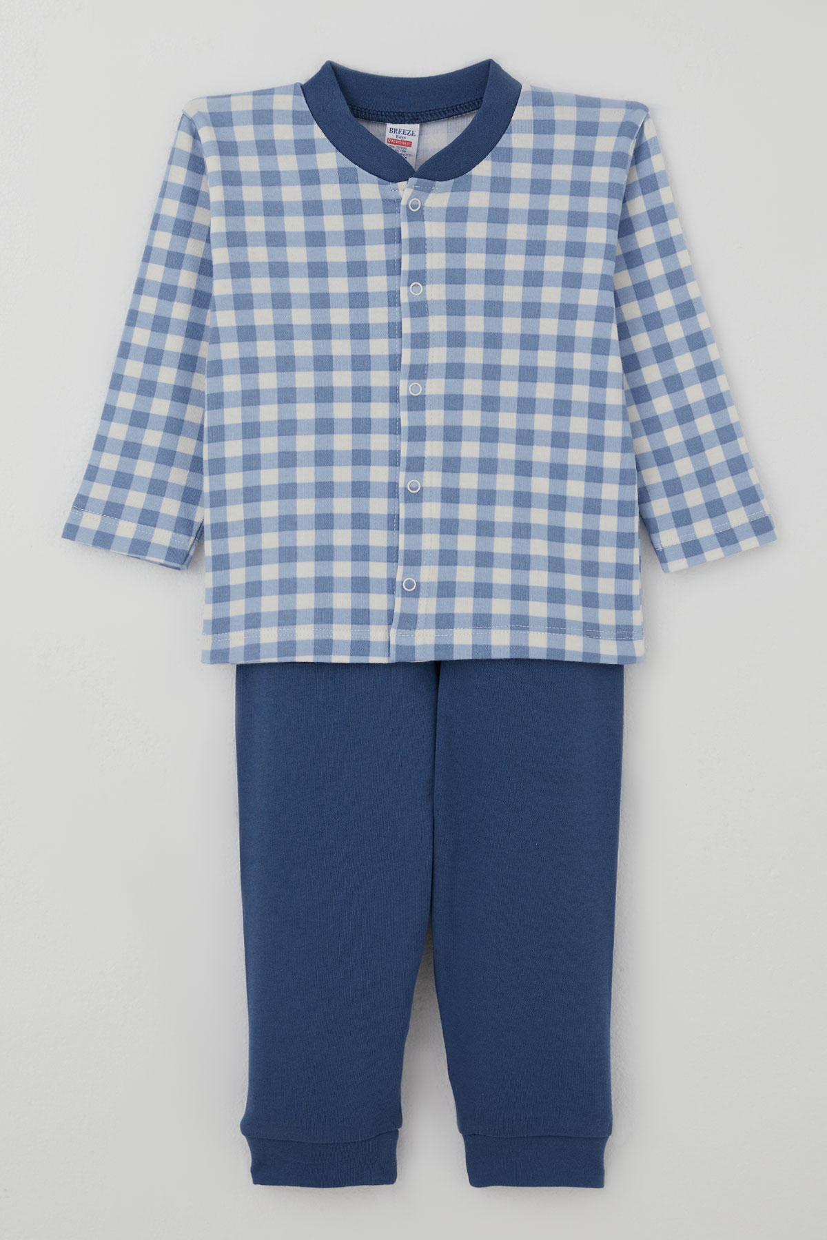 Breeze Erkek Bebek Pijama Takımı Ekose Desenli Önden Çıtçıtlı Mavi (4 Ay - 1 Yaş)