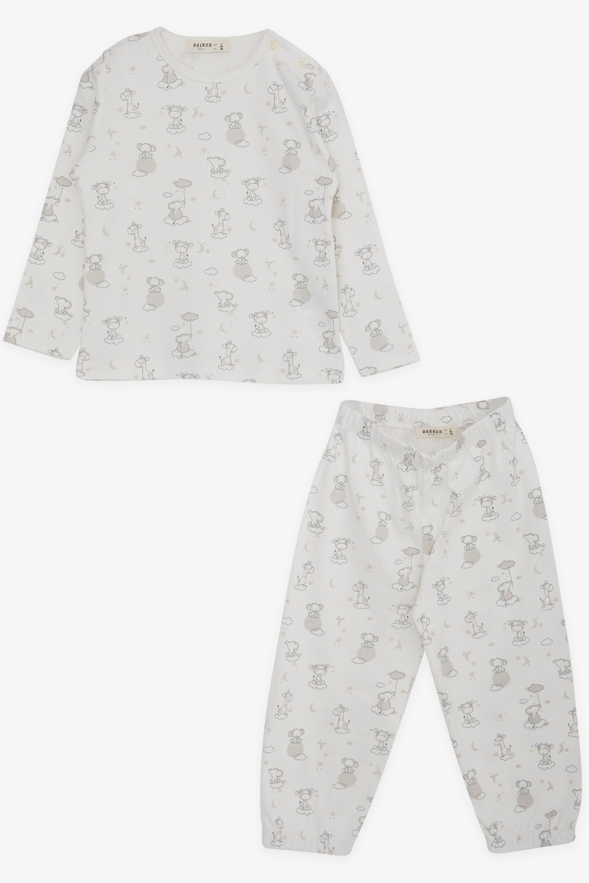 Breeze Erkek Bebek Pijama Takımı Gökyüzü Temalı Hayvancık Desenli Ekru (9 Ay-3 Yaş)