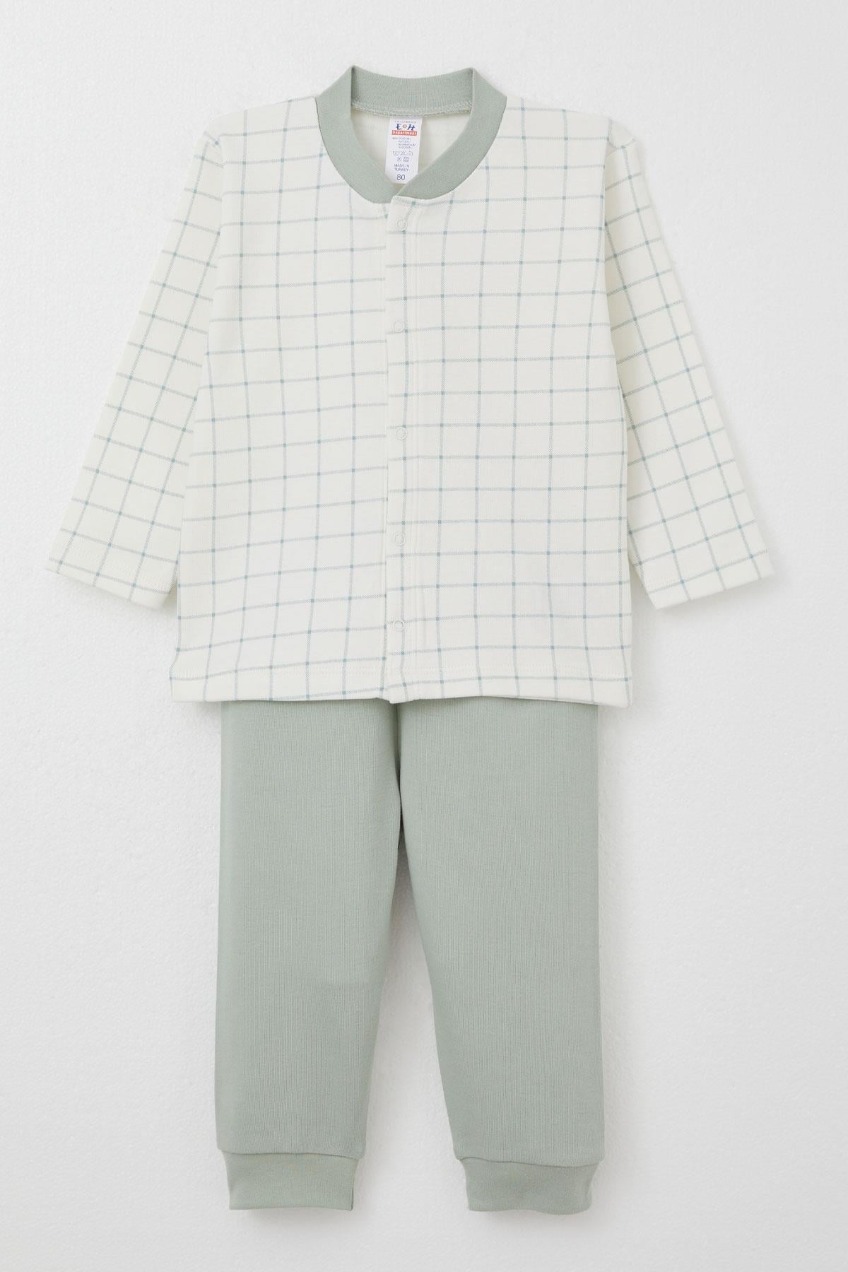 Breeze Erkek Bebek Pijama Takımı Kare Desenli Ekru (4 Ay-1 Yaş)