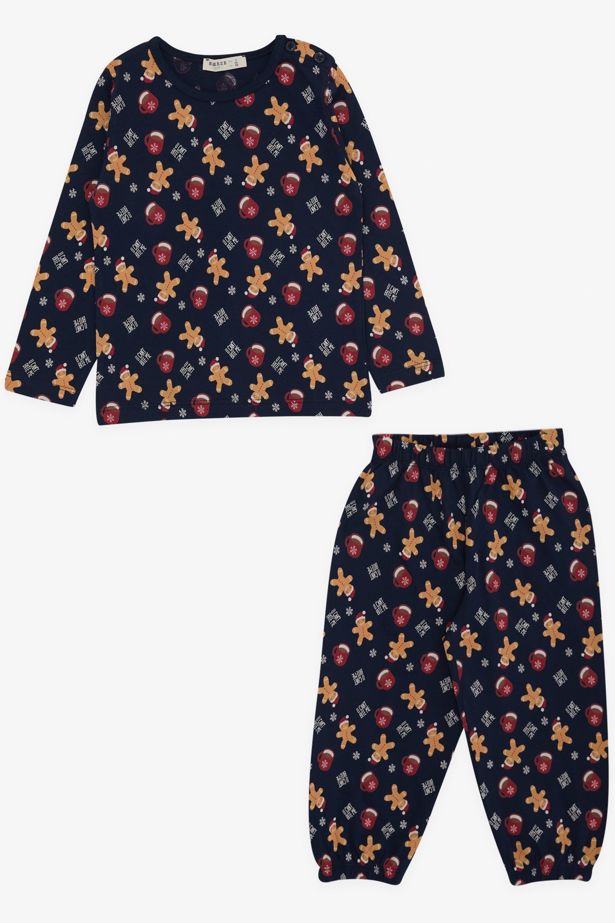 Breeze Erkek Bebek Pijama Takımı Kış Temalı Kurabiye Desenli Lacivert (9 Ay-3 Yaş)