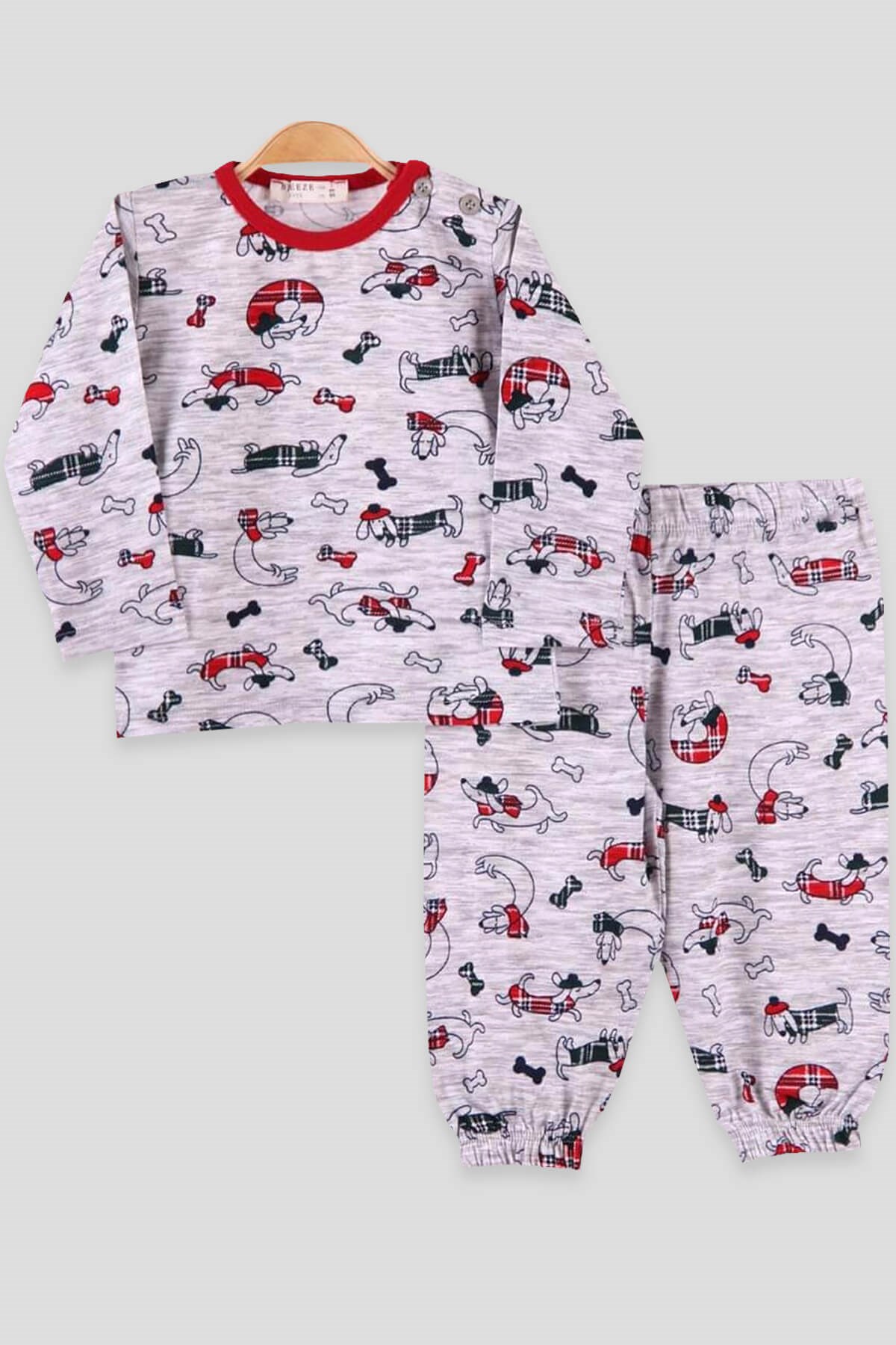 Breeze Erkek Bebek Pijama Takımı Köpekli Gri-Kırmızı (1-4 Yaş)